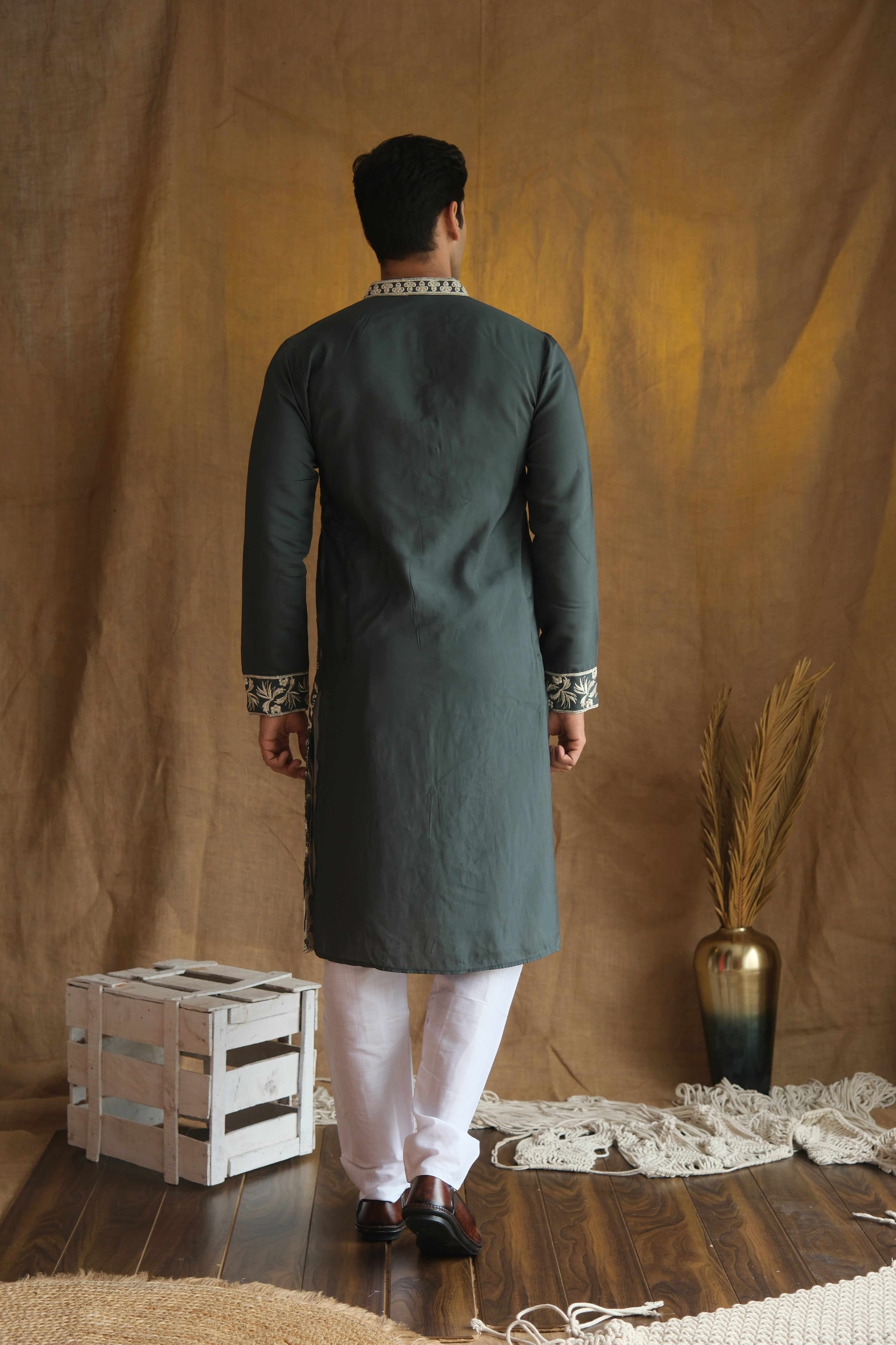 Men's Rust Green Floral Embroidered Cotton Silk Kurta