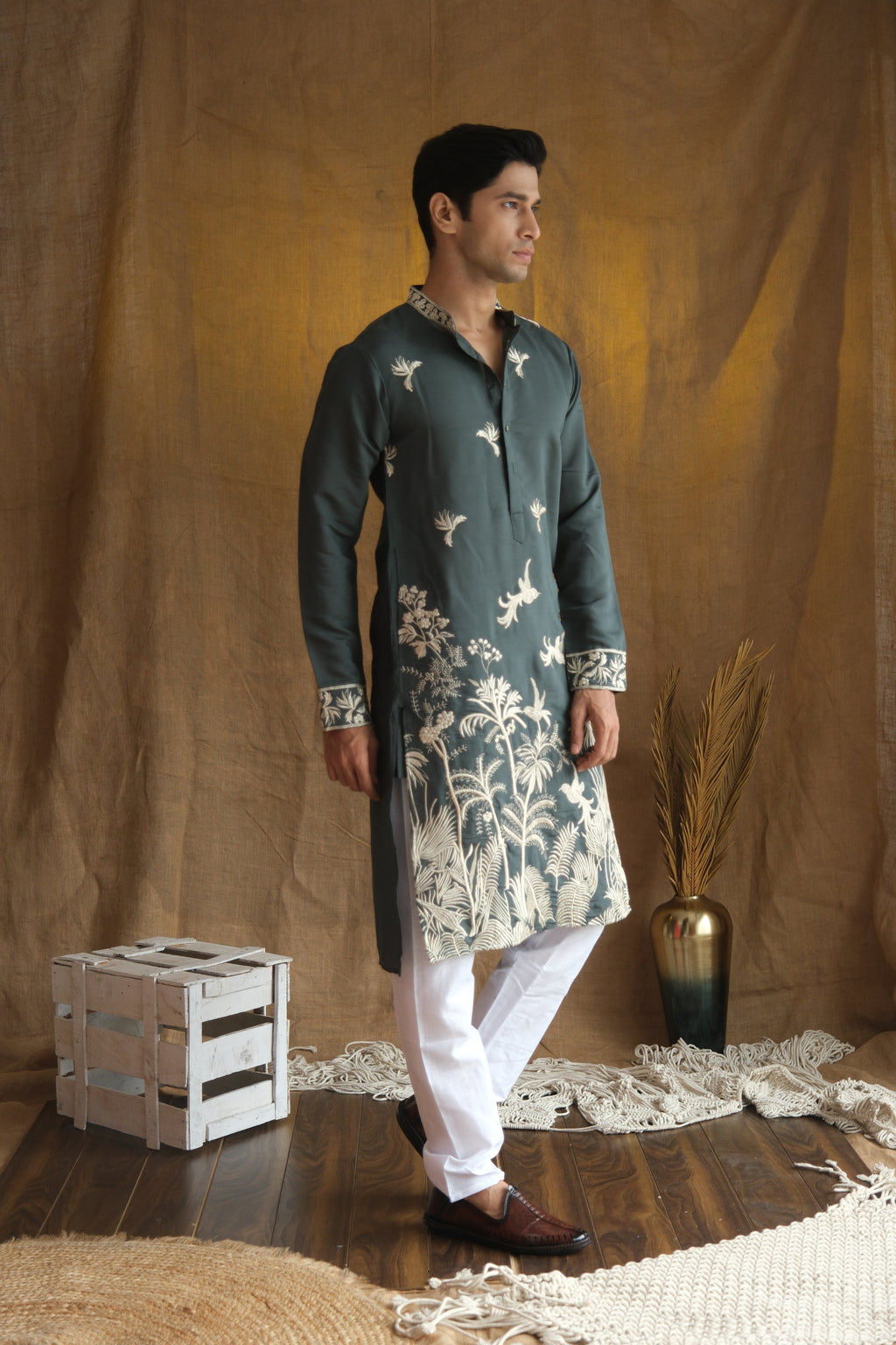 Men's Rust Green Floral Embroidered Cotton Silk Kurta