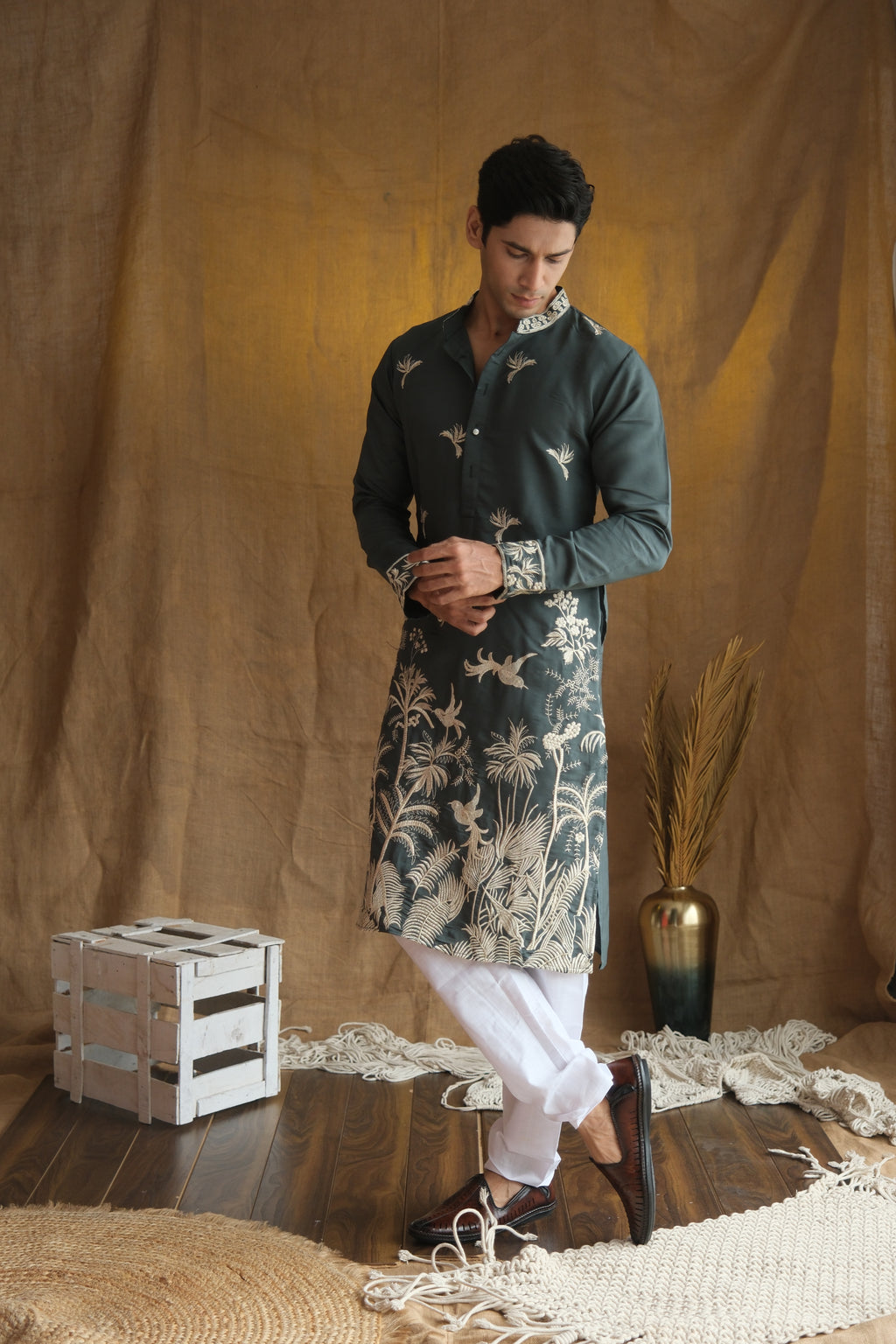 Men's Rust Green Floral Embroidered Cotton Silk Kurta