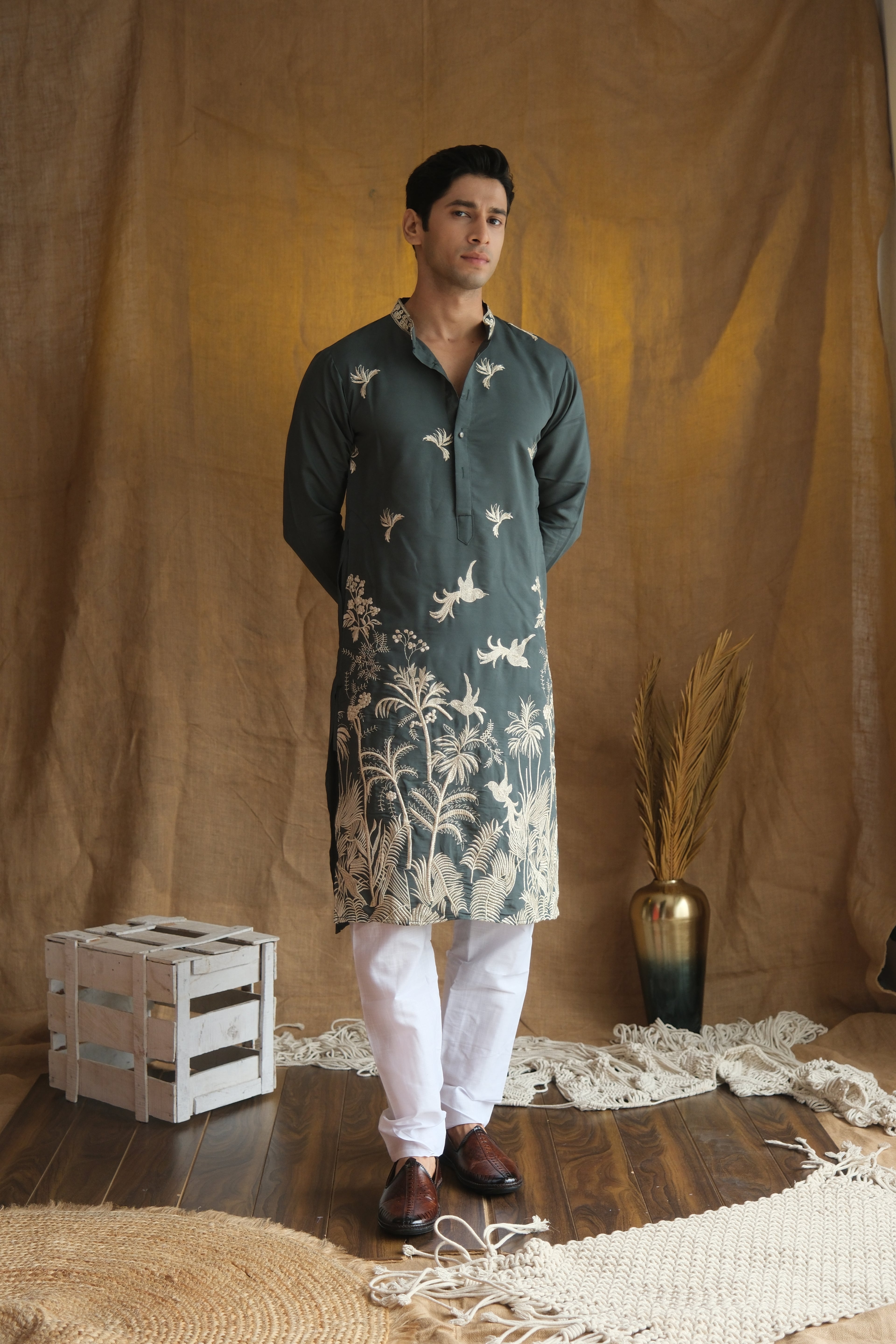 Men's Rust Green Floral Embroidered Cotton Silk Kurta