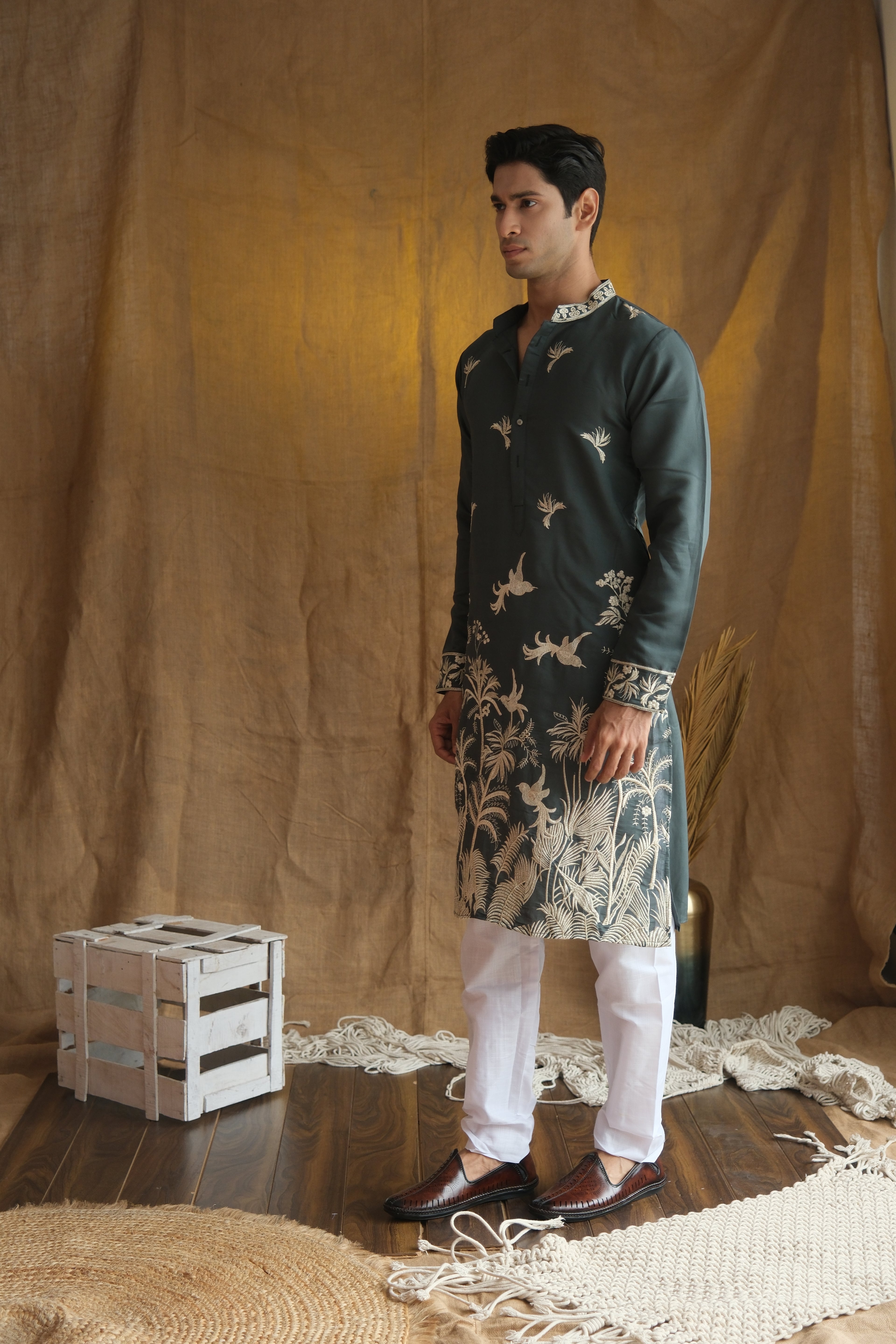 Men's Rust Green Floral Embroidered Cotton Silk Kurta