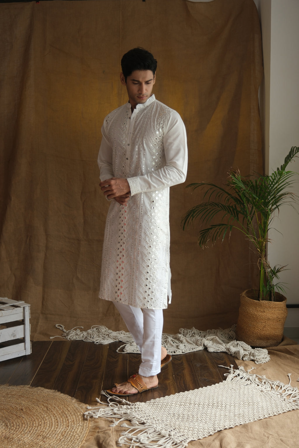 Men's White Cotton Silk Mirror Embroidery Work Men Kurta