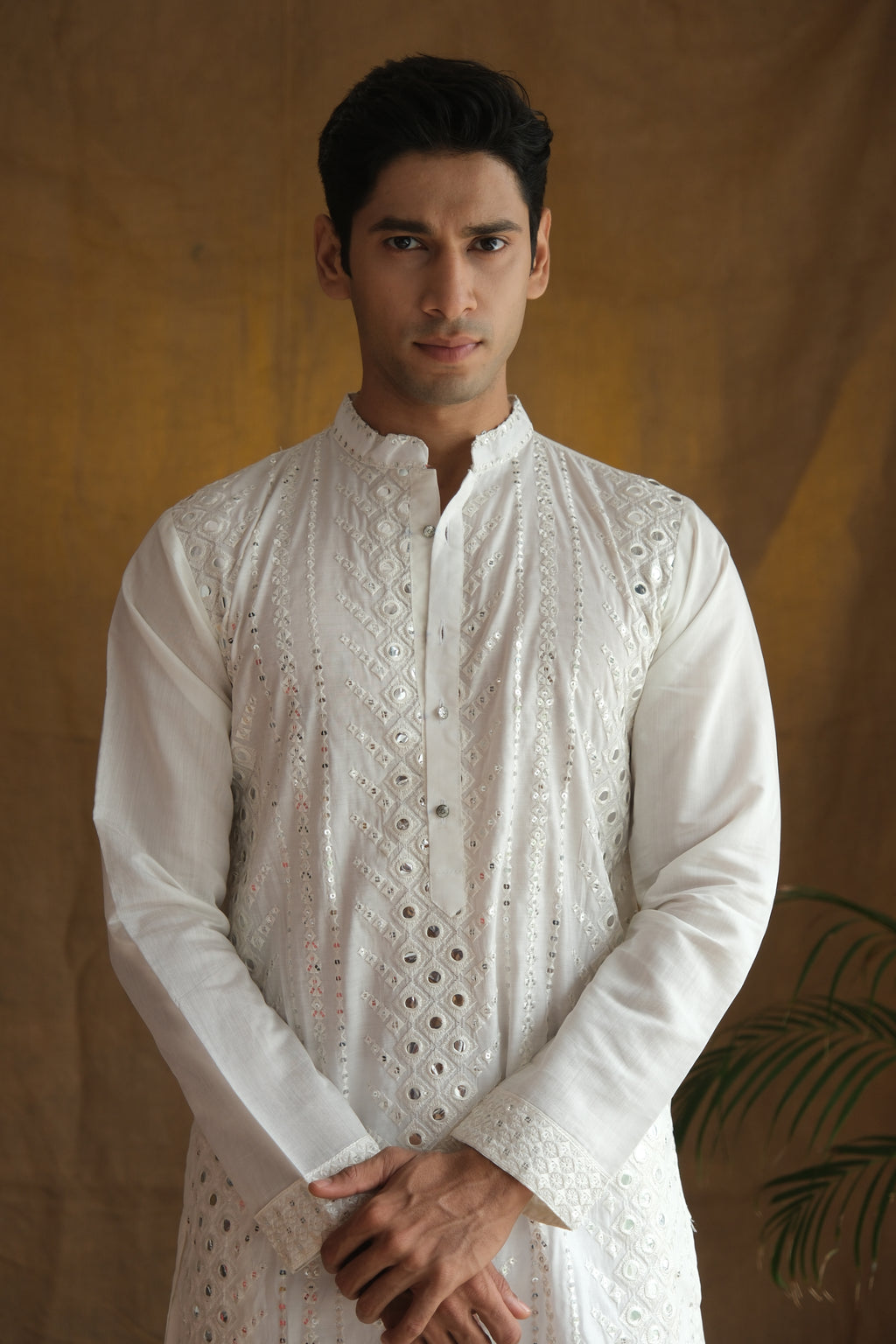 Men's White Cotton Silk Mirror Embroidery Work Men Kurta