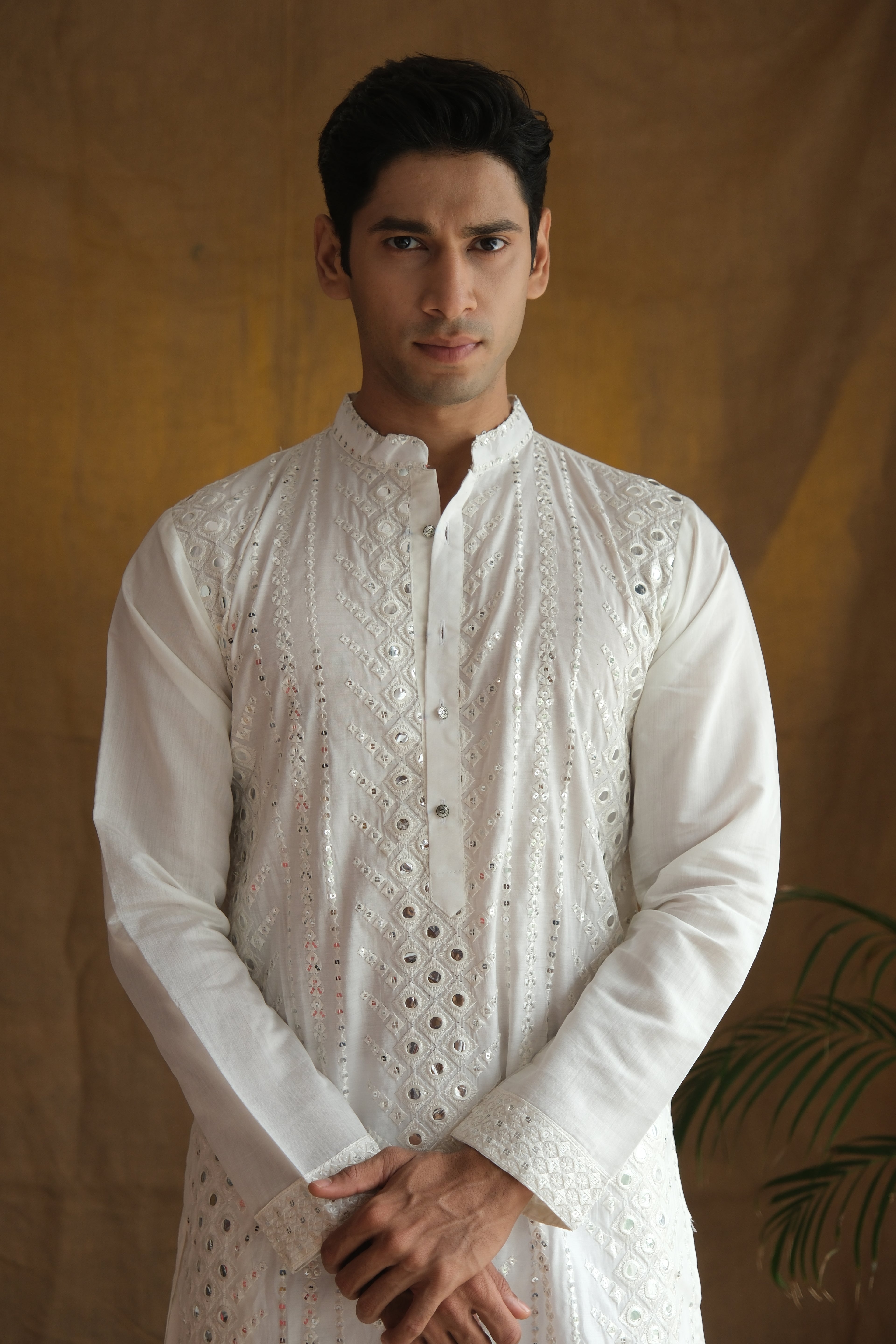 Men's White Cotton Silk Mirror Embroidery Work Men Kurta