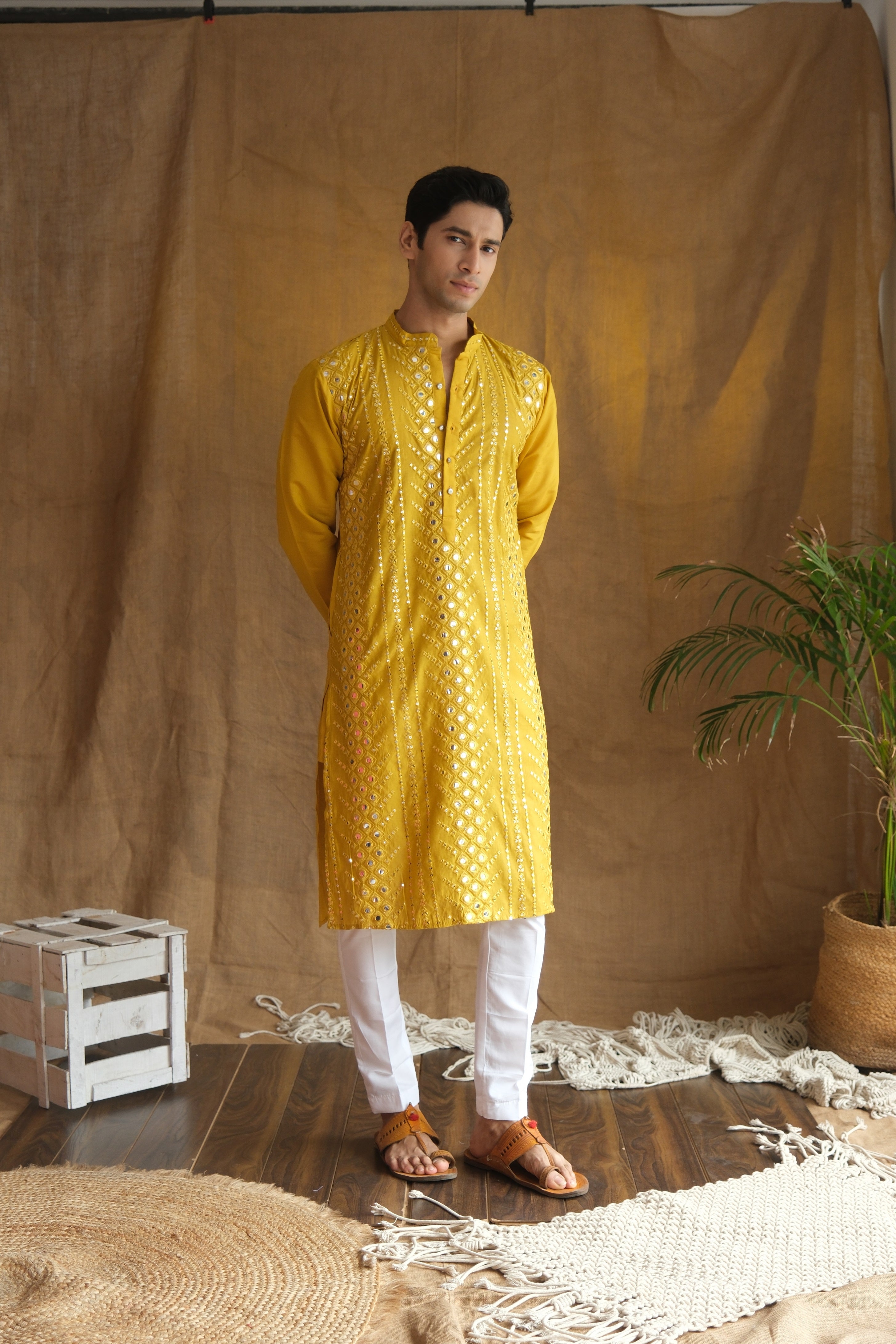 Men's Mustard Cotton Silk Mirror Embroidery Work Men Kurta