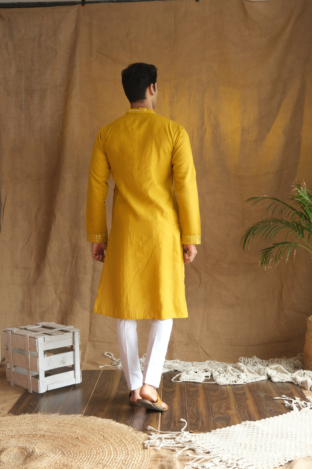 Men's Mustard Cotton Silk Mirror Embroidery Work Men Kurta