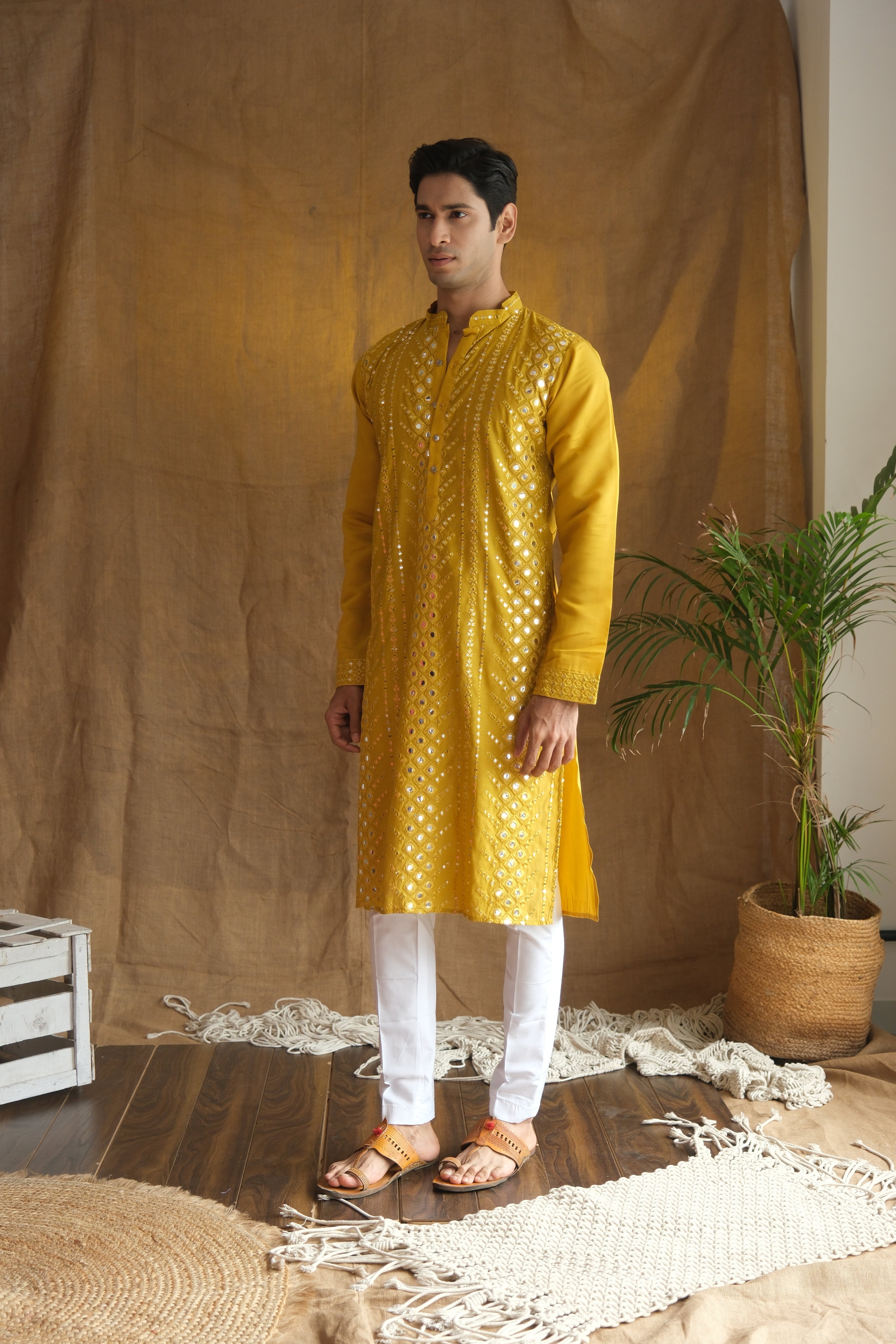 Men's Mustard Cotton Silk Mirror Embroidery Work Men Kurta
