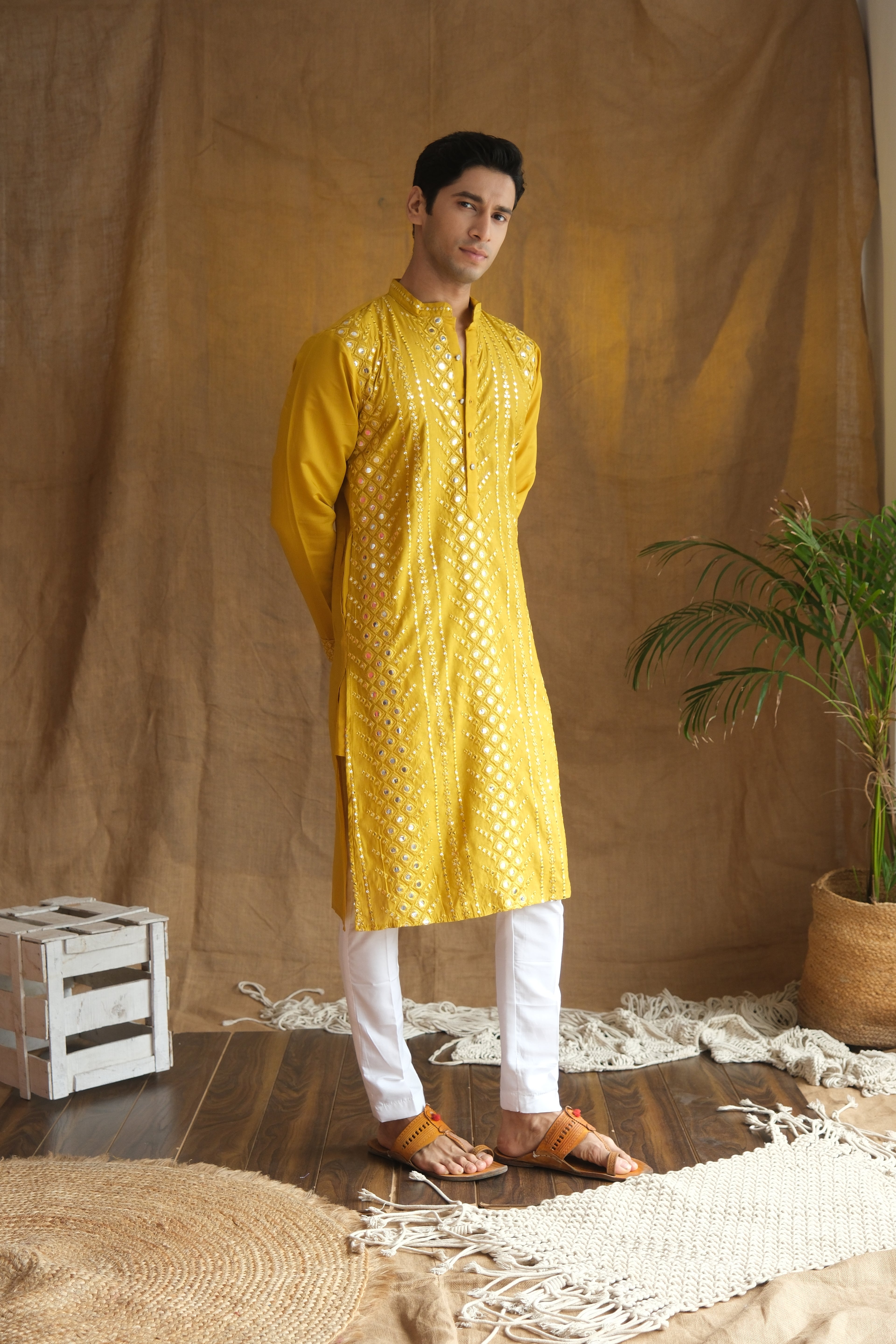 Men's Mustard Cotton Silk Mirror Embroidery Work Men Kurta
