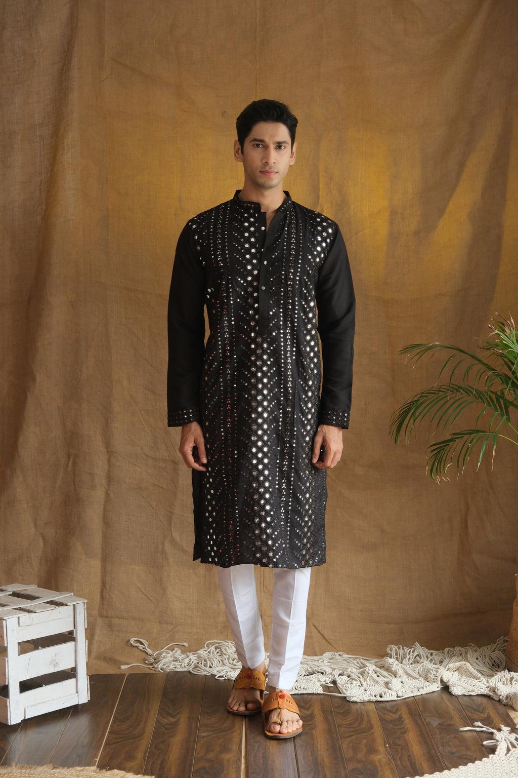 Men's Black Cotton Silk Mirror Embroidery Work Men Kurta