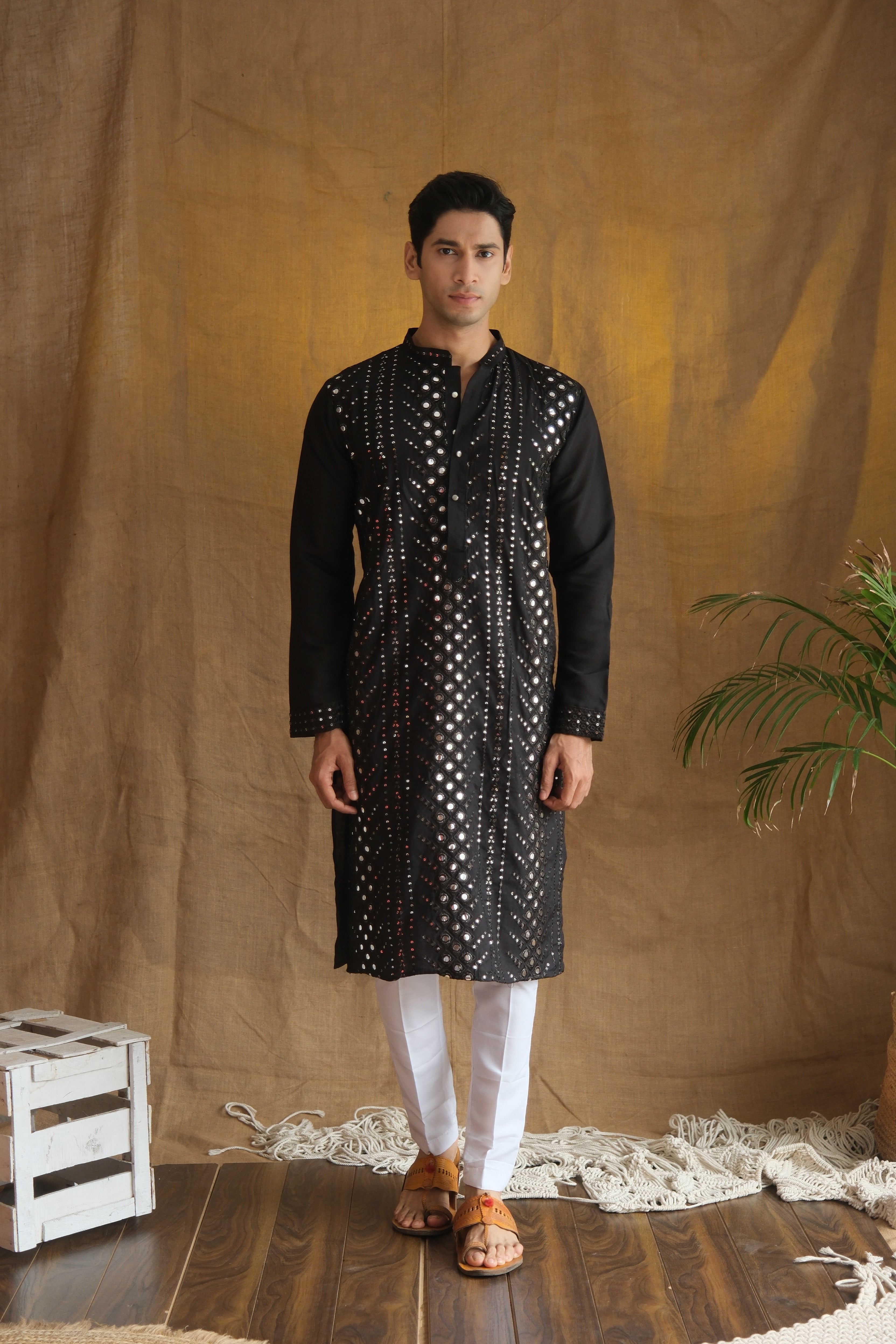 Men's Black Cotton Silk Mirror Embroidery Work Men Kurta
