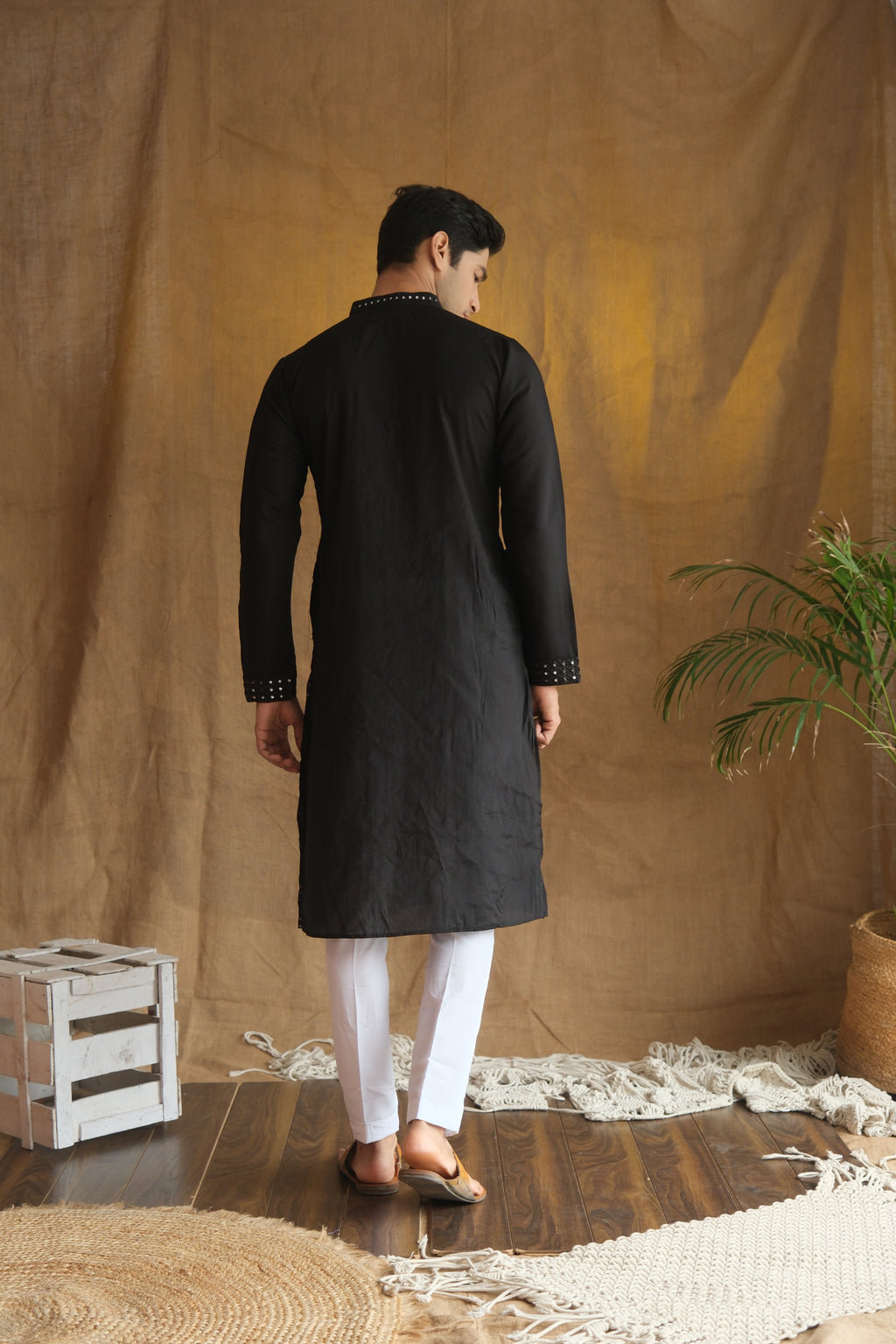 Men's Black Cotton Silk Mirror Embroidery Work Men Kurta