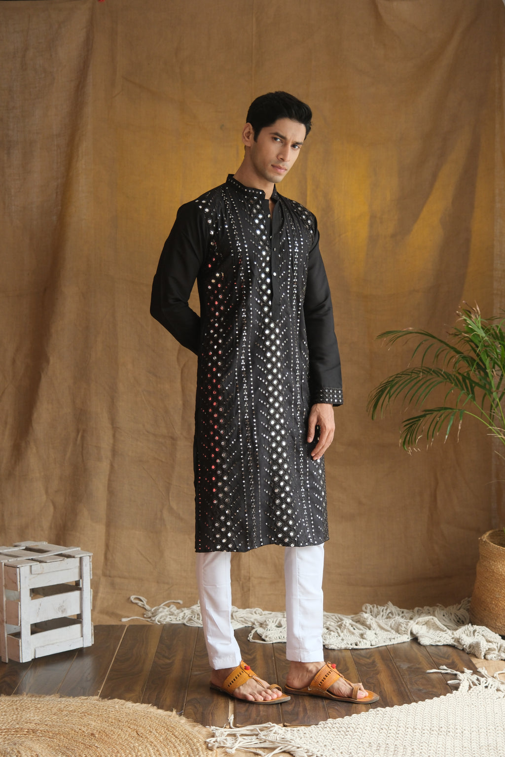 Men's Black Cotton Silk Mirror Embroidery Work Men Kurta