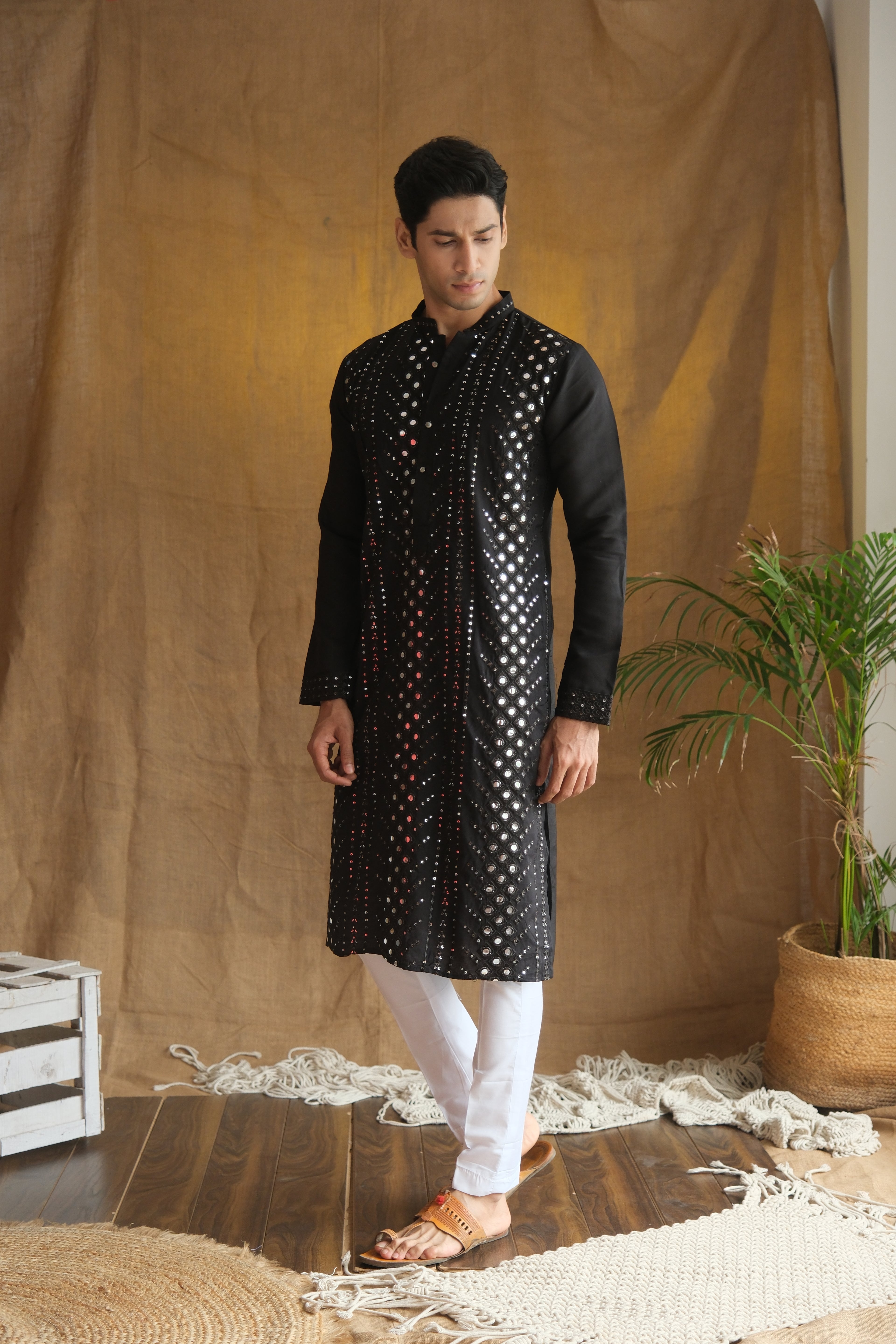Men's Black Cotton Silk Mirror Embroidery Work Men Kurta
