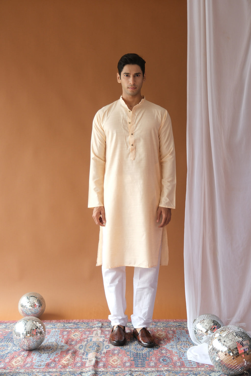 Men's Peach Solid Festive Cotton Straight Kurta
