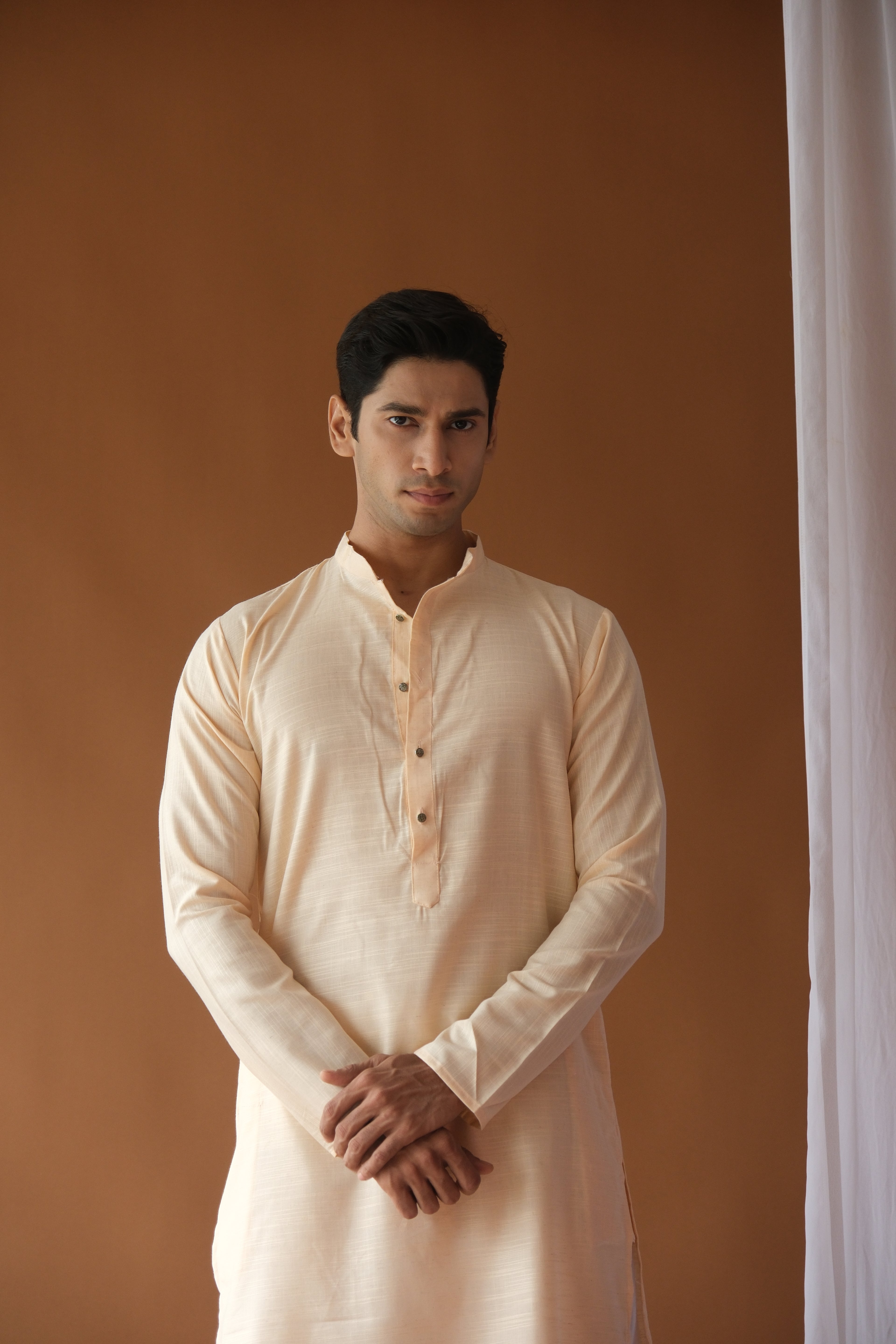 Men's Peach Solid Festive Cotton Straight Kurta