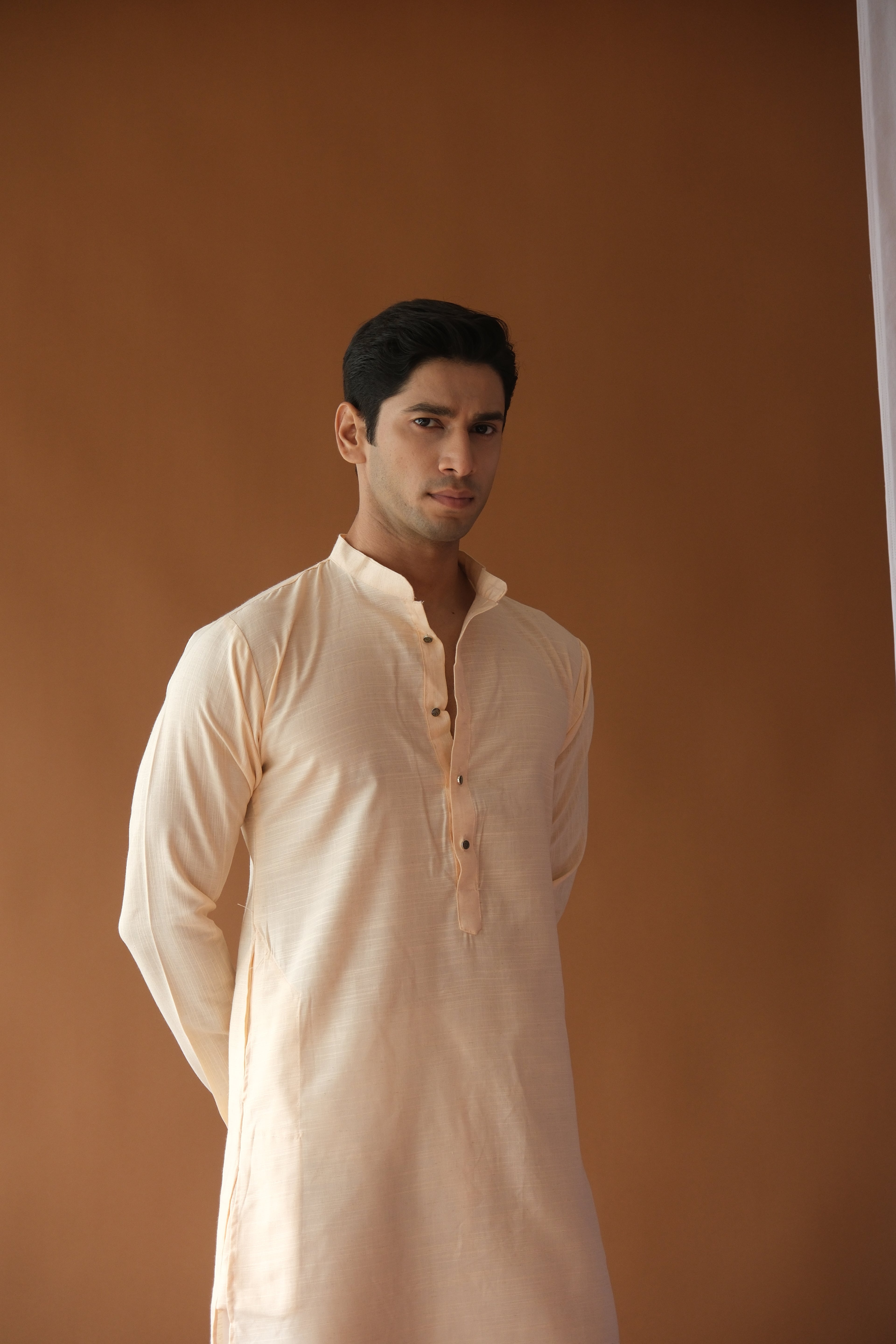 Men's Peach Solid Festive Cotton Straight Kurta