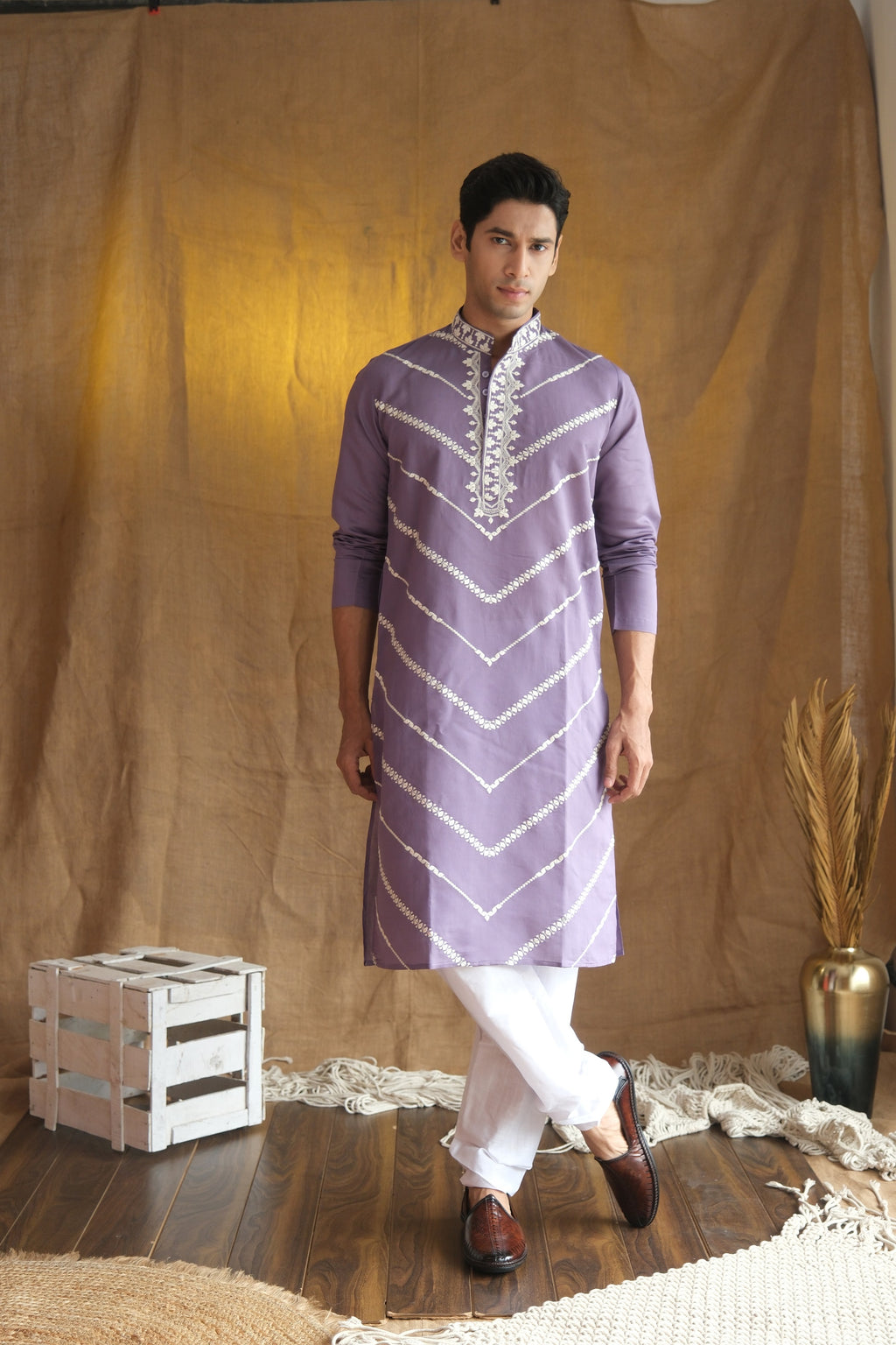 Men's Purple Leheriya Embroidered Sequined Cotton Silk Kurta