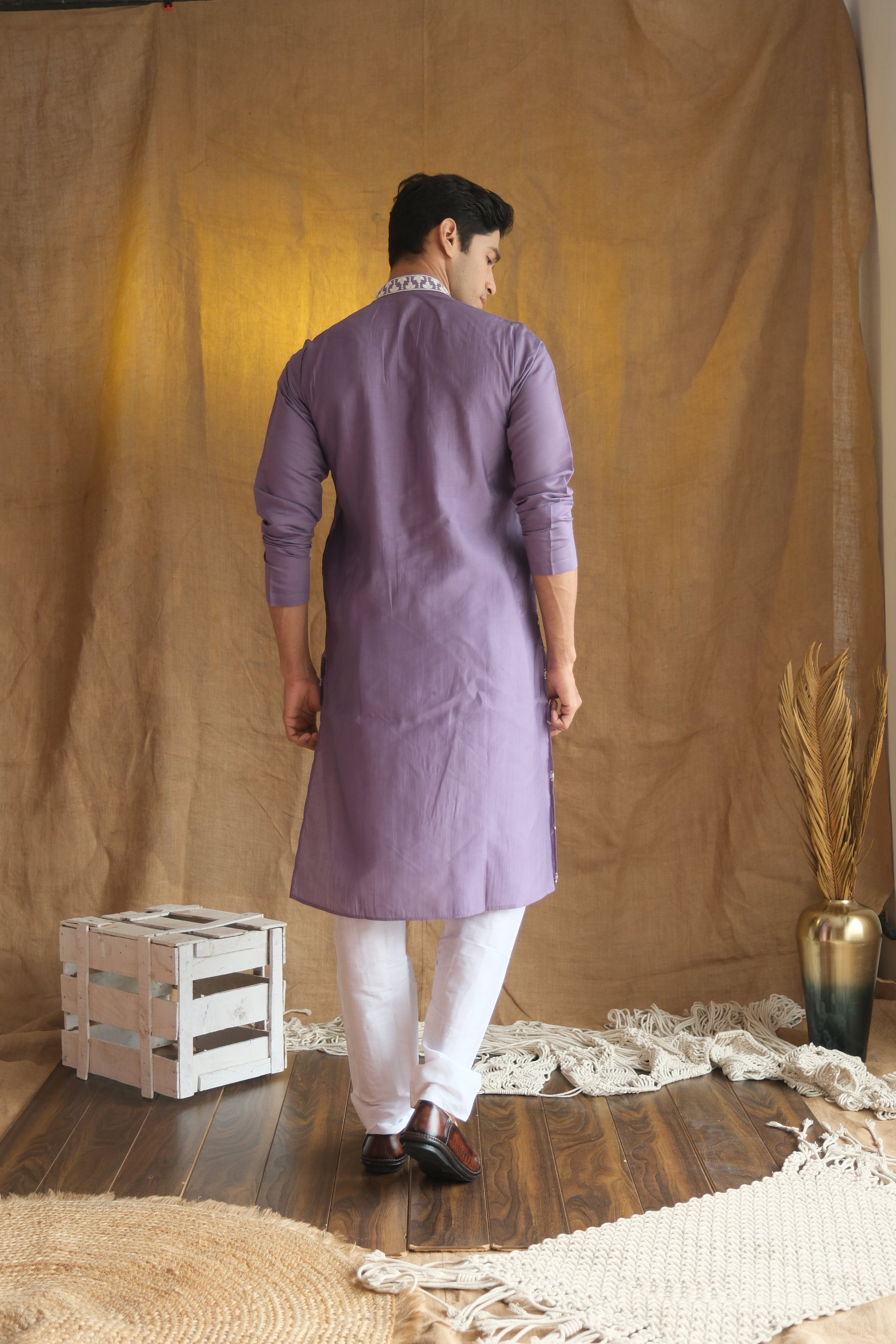Men's Purple Leheriya Embroidered Sequined Cotton Silk Kurta