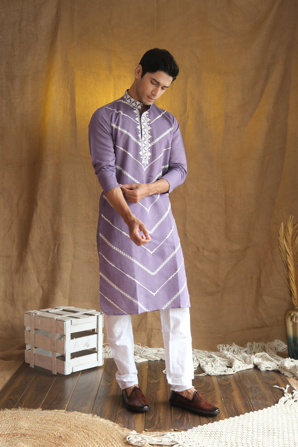 Men's Purple Leheriya Embroidered Sequined Cotton Silk Kurta