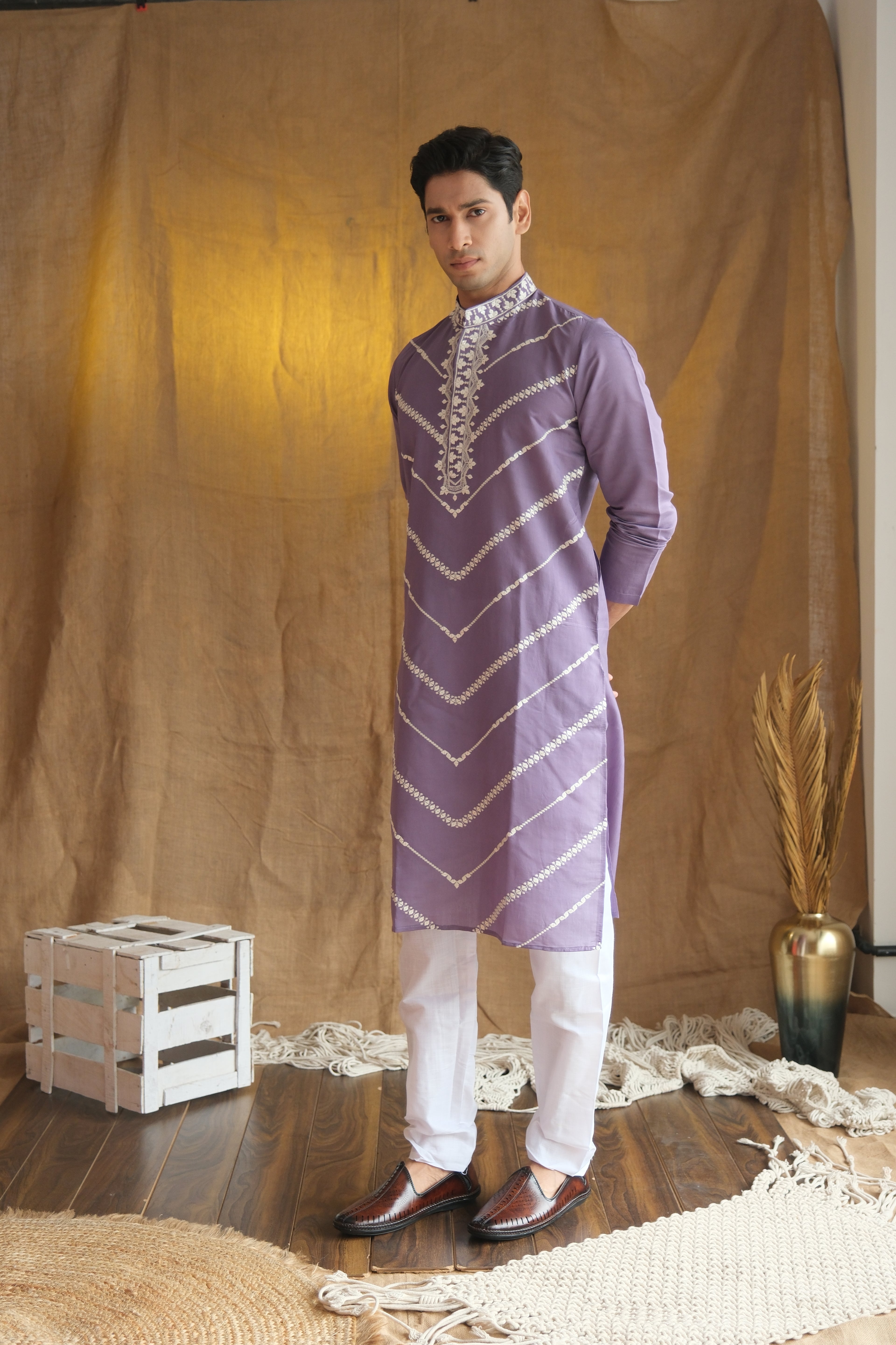Men's Purple Leheriya Embroidered Sequined Cotton Silk Kurta
