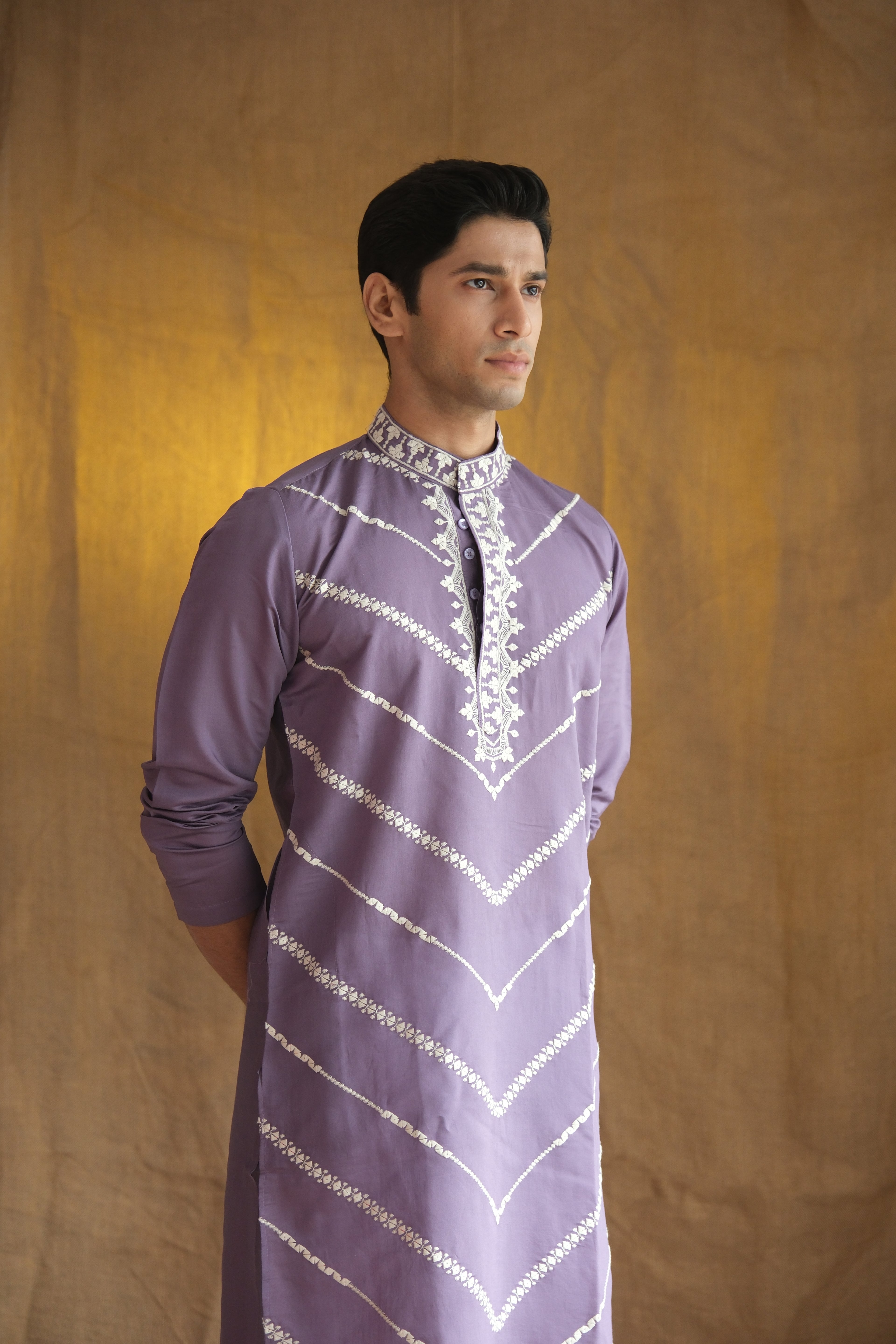 Men's Purple Leheriya Embroidered Sequined Cotton Silk Kurta