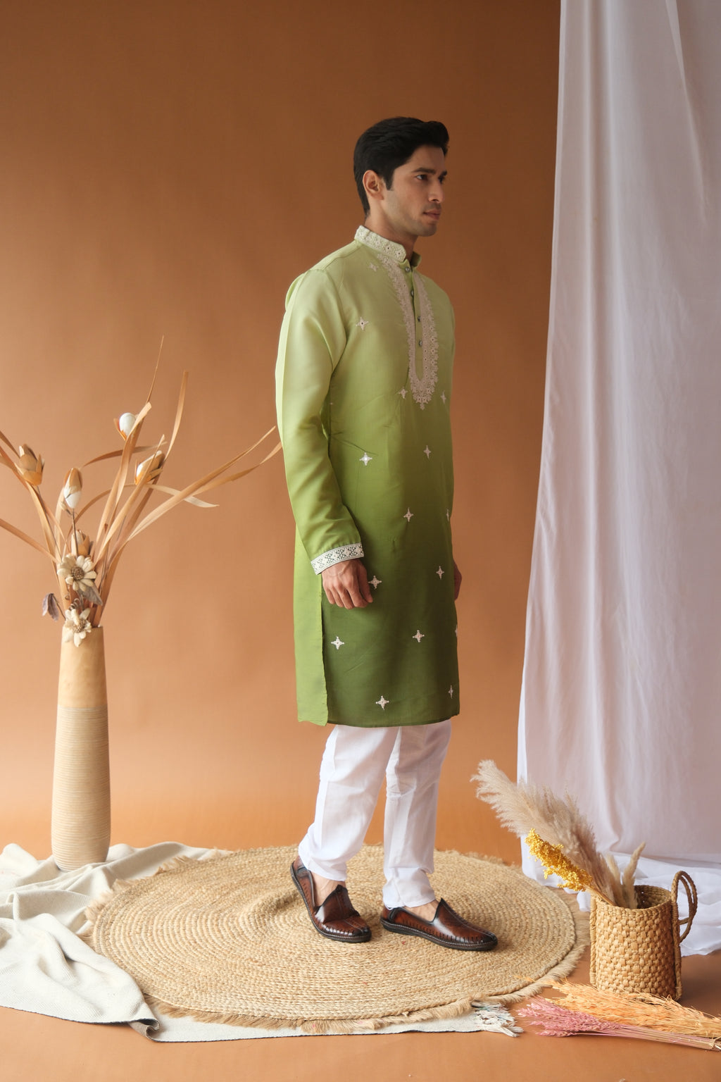 Green Cotton Silk Embroidered Work Kurta for Men