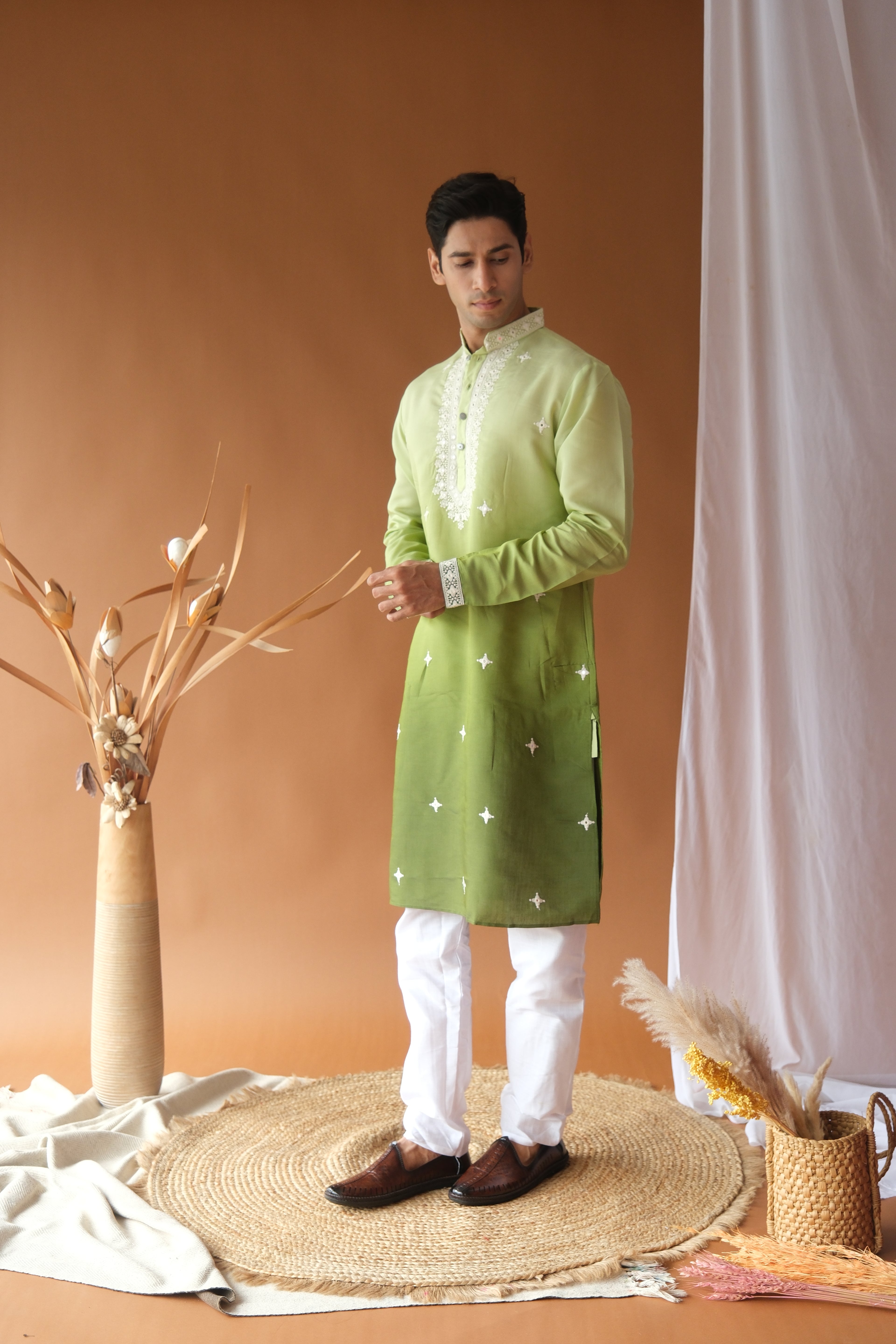Green Cotton Silk Embroidered Work Kurta for Men