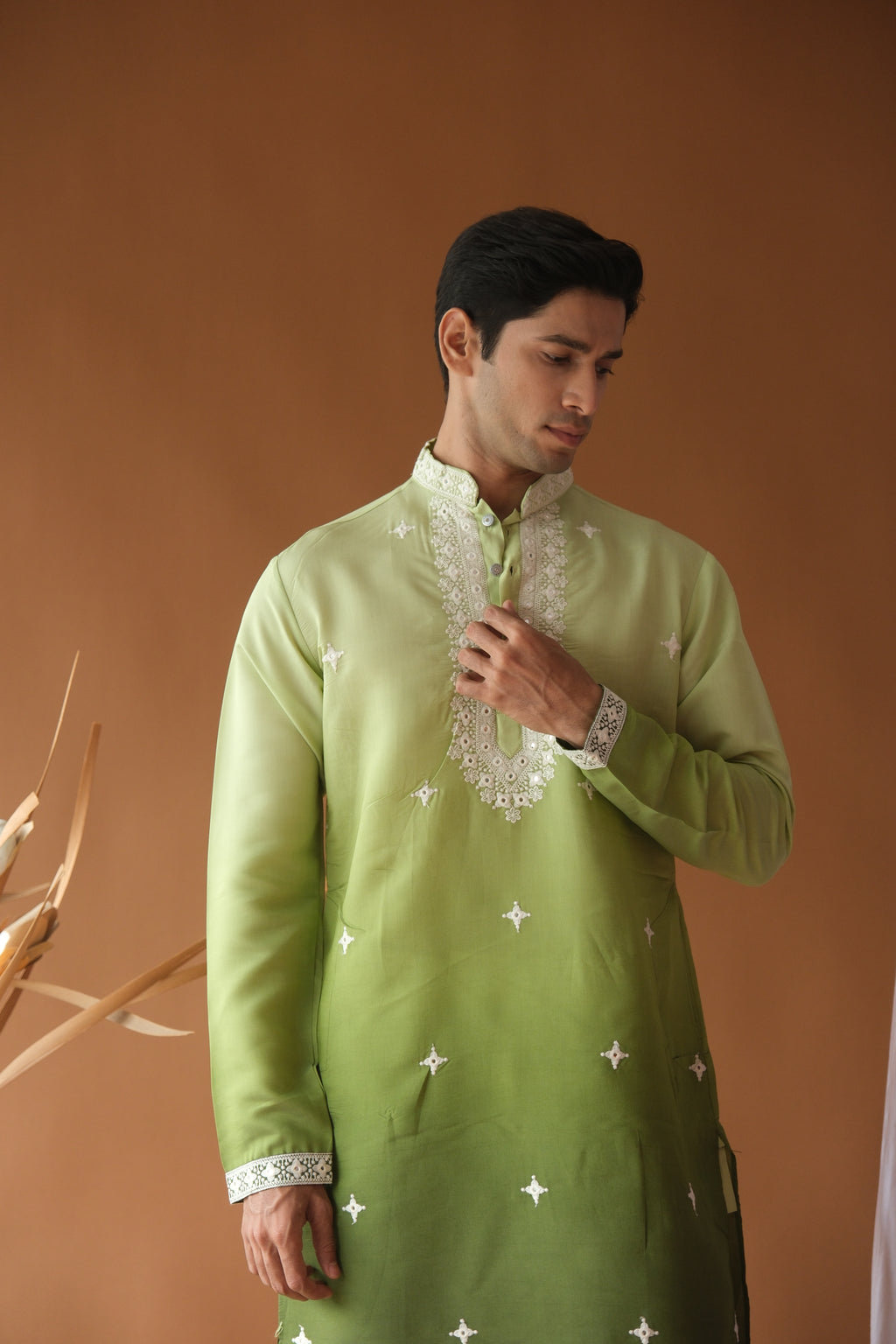 Green Cotton Silk Embroidered Work Kurta for Men