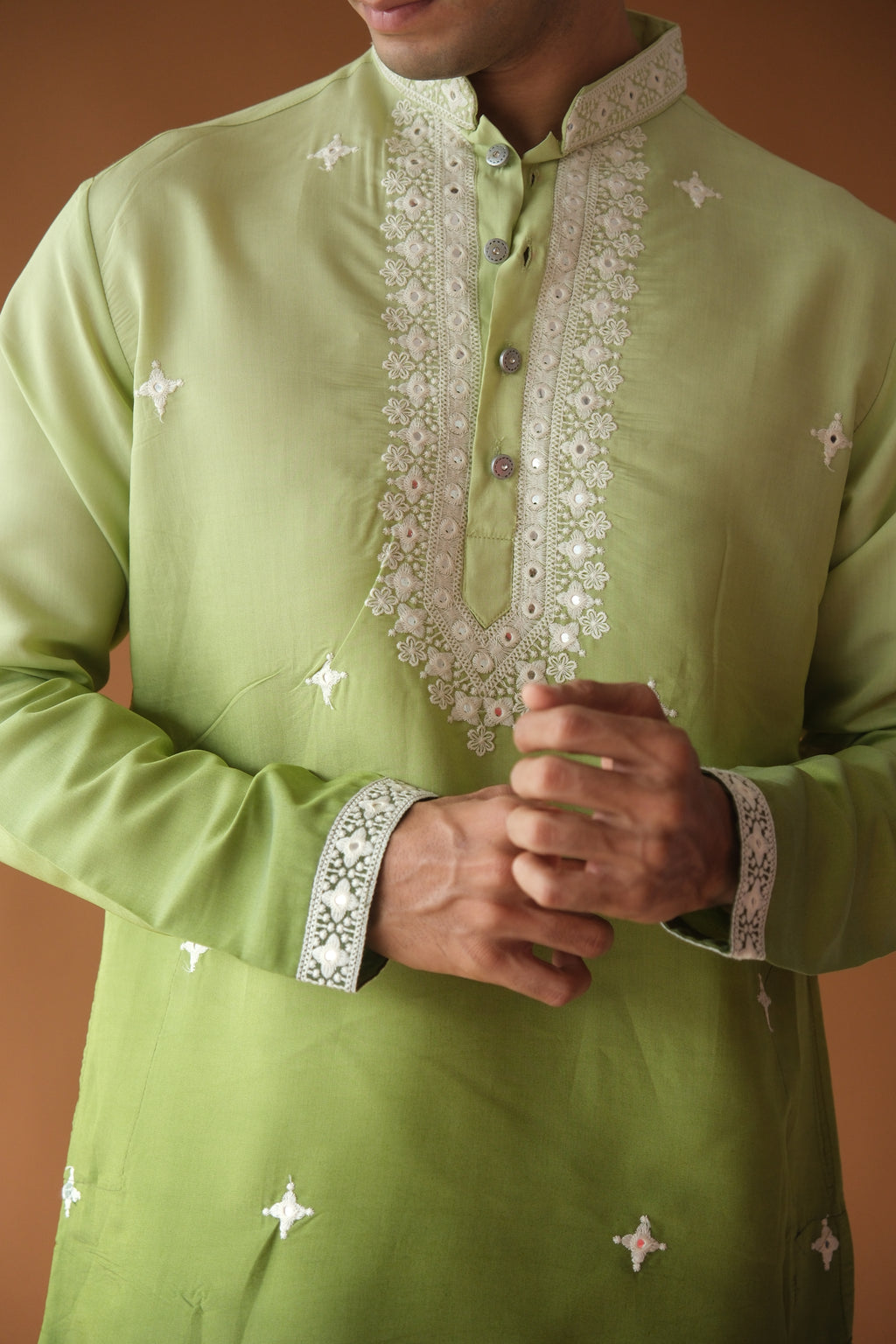 Green Cotton Silk Embroidered Work Kurta for Men