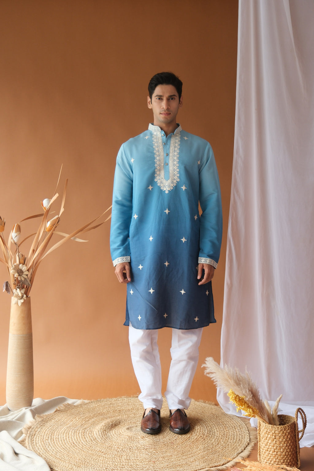 River Blue Cotton Silk Embroidered Work Kurta for Men