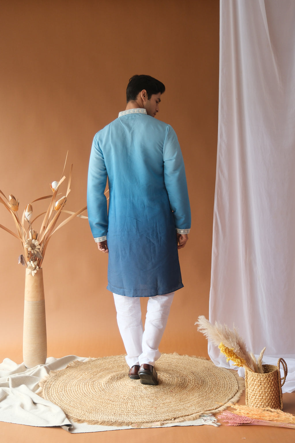 River Blue Cotton Silk Embroidered Work Kurta for Men