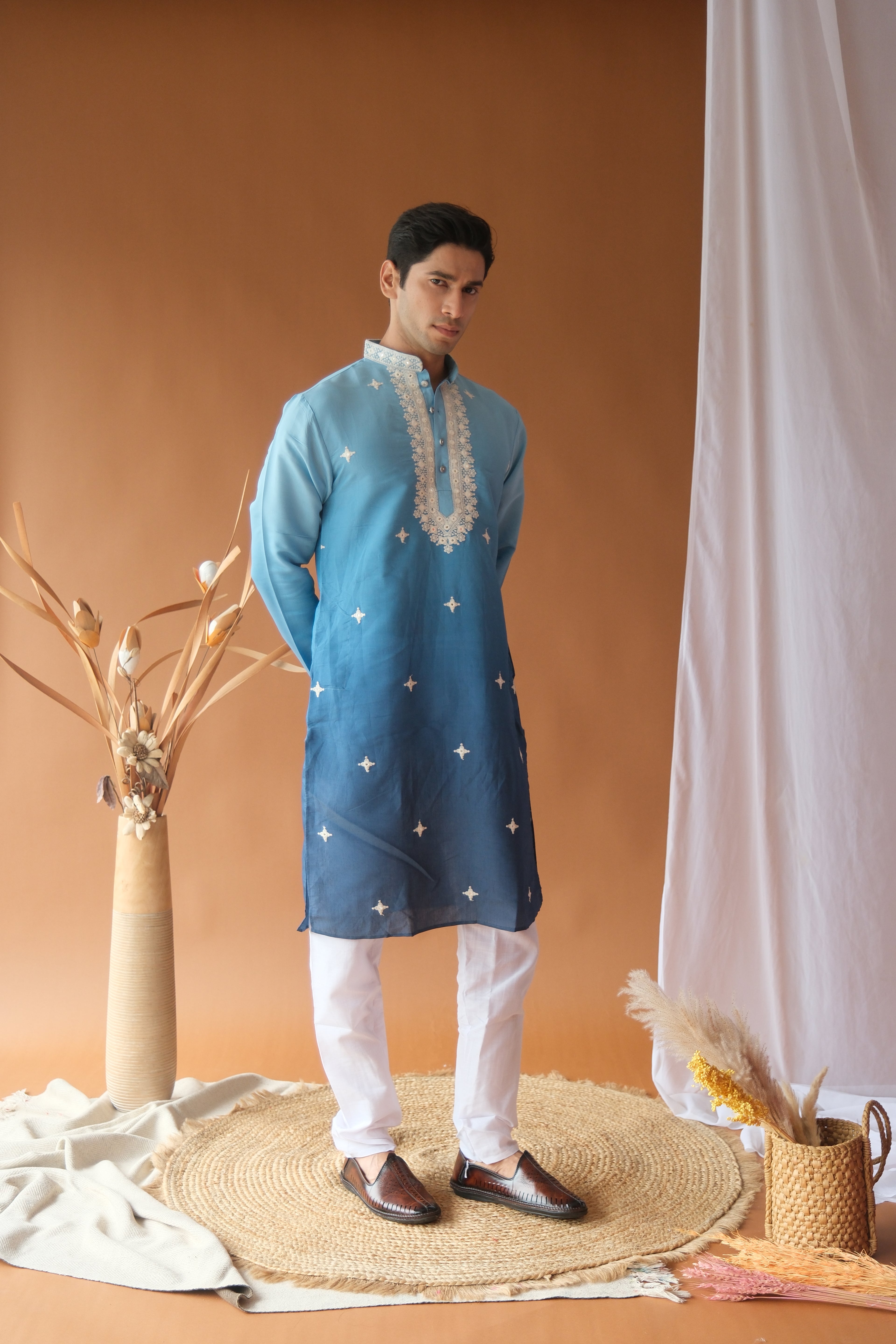 River Blue Cotton Silk Embroidered Work Kurta for Men