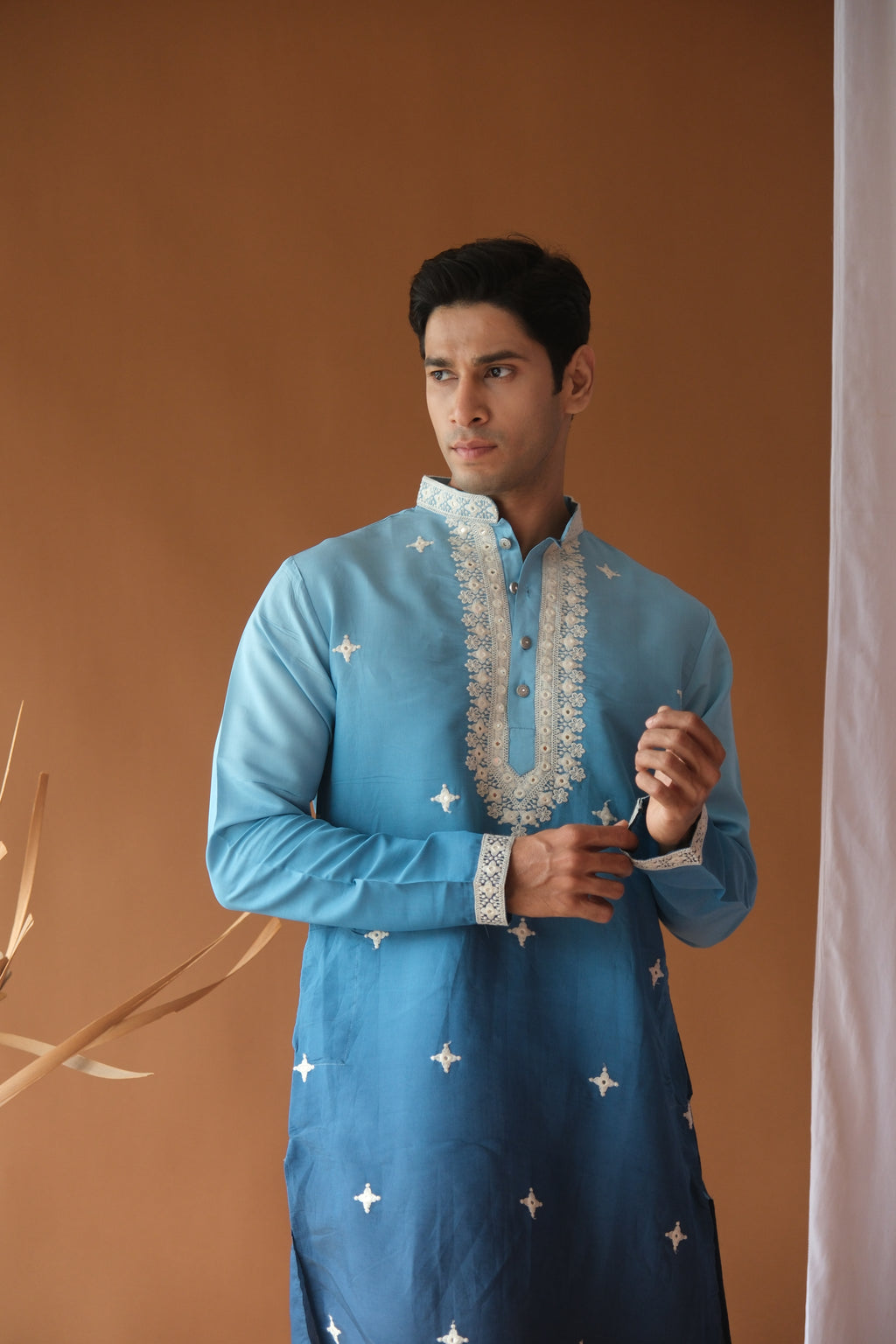 River Blue Cotton Silk Embroidered Work Kurta for Men
