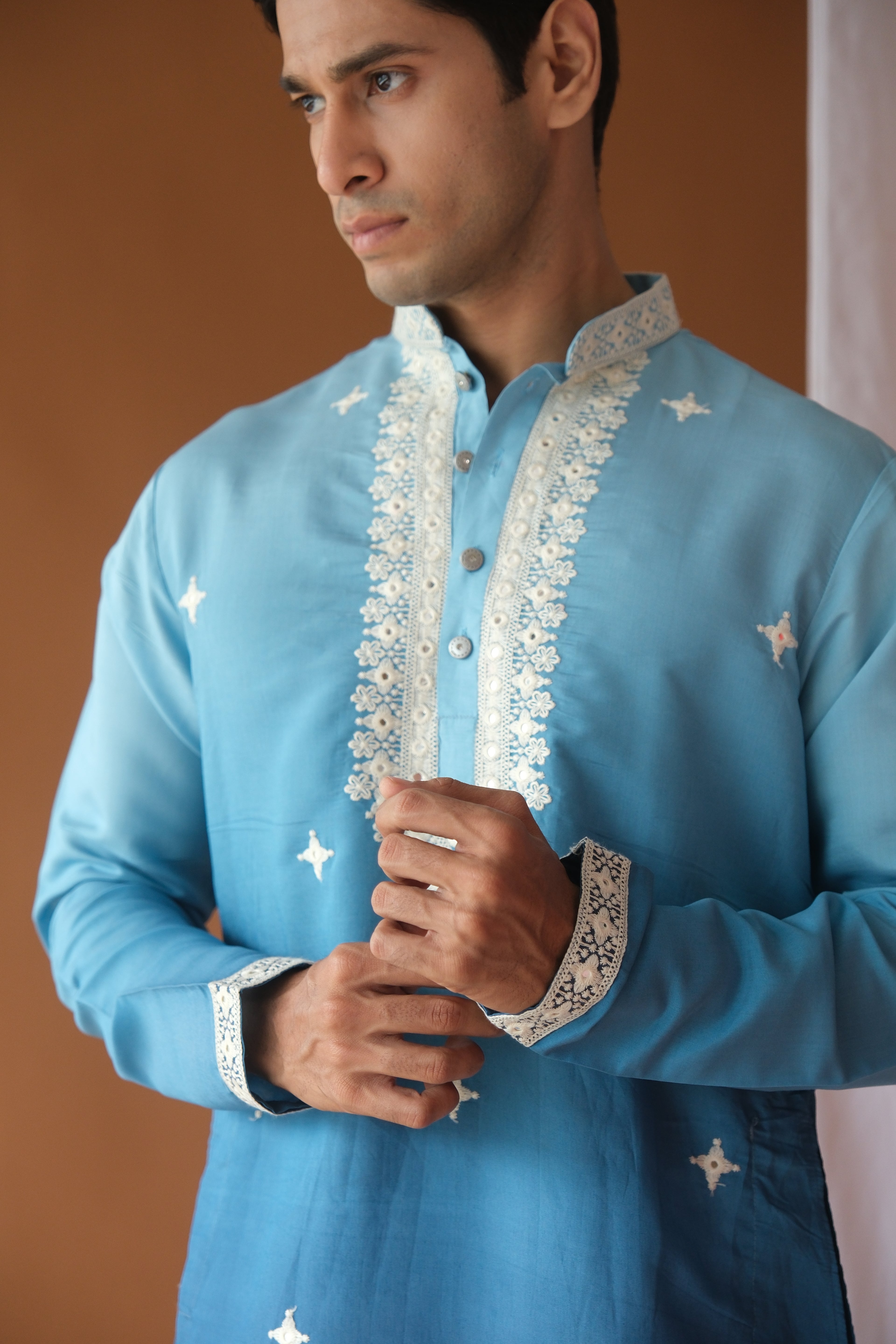 River Blue Cotton Silk Embroidered Work Kurta for Men