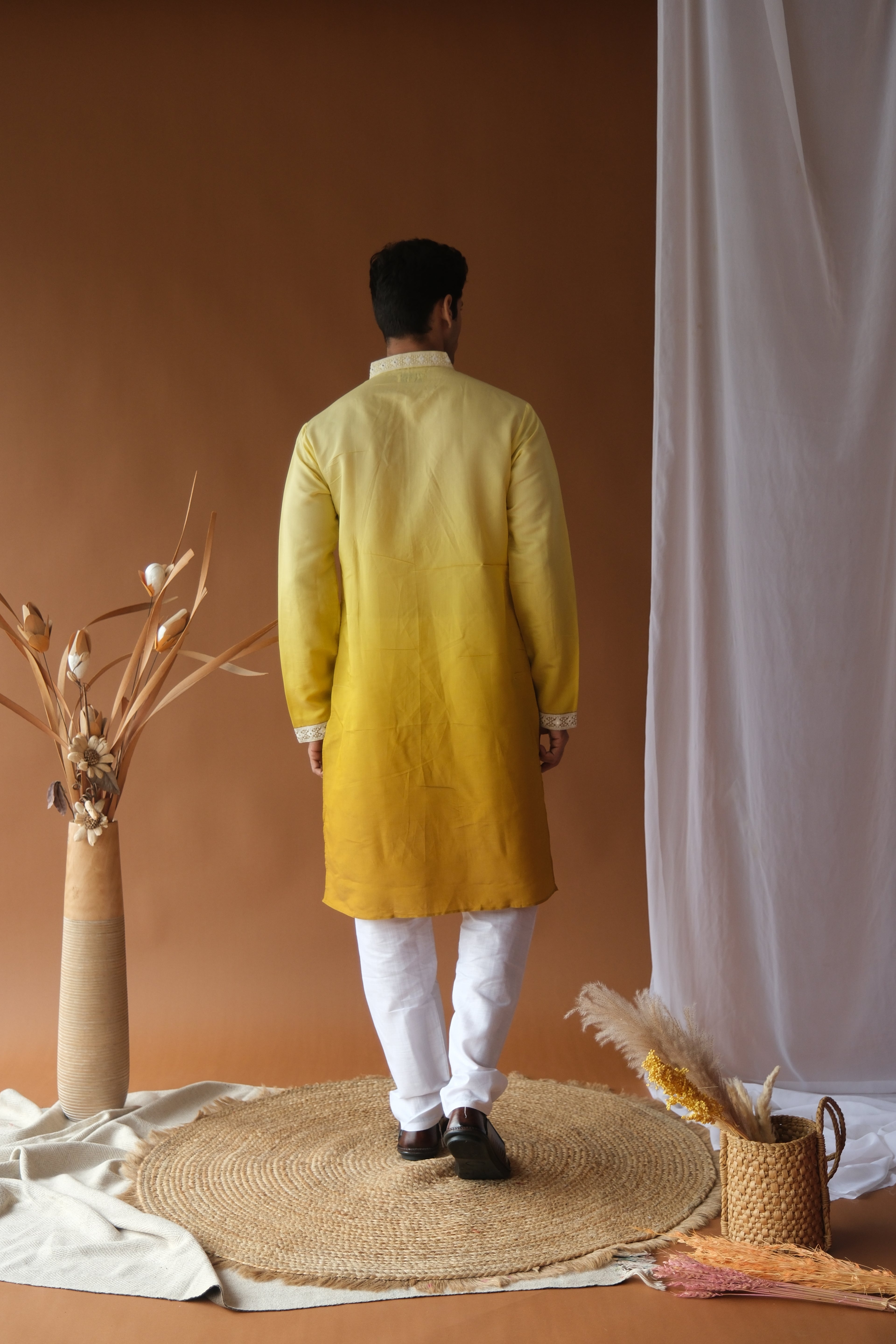Yellow Mustard Blue Cotton Silk Embroidered Work Kurta for Men