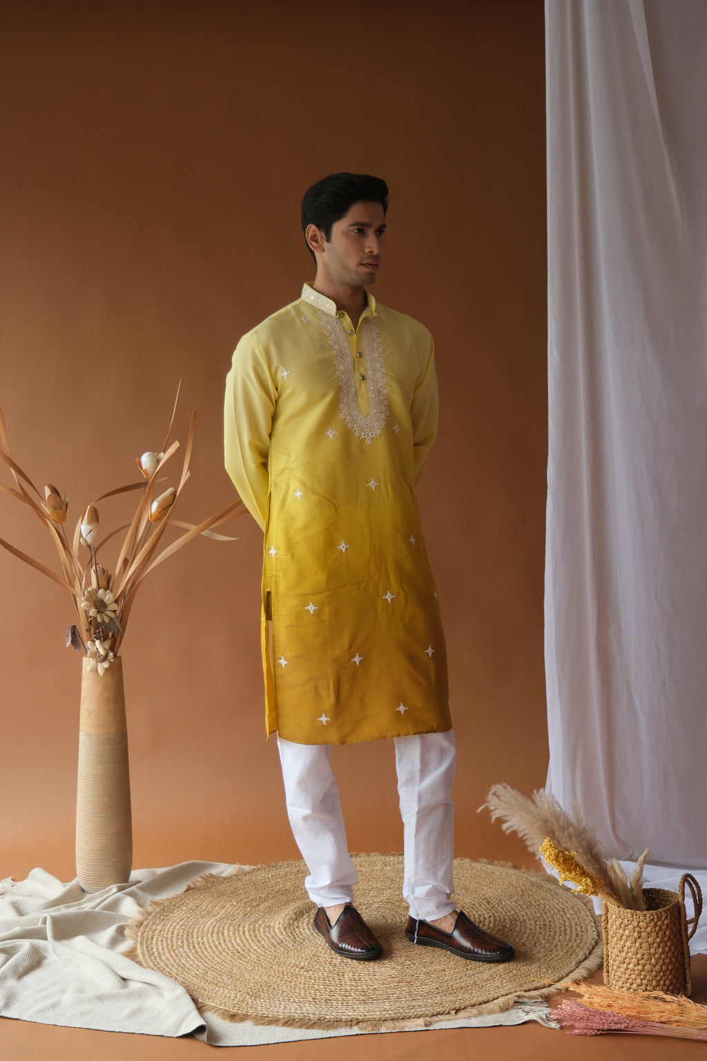 Yellow Mustard Blue Cotton Silk Embroidered Work Kurta for Men