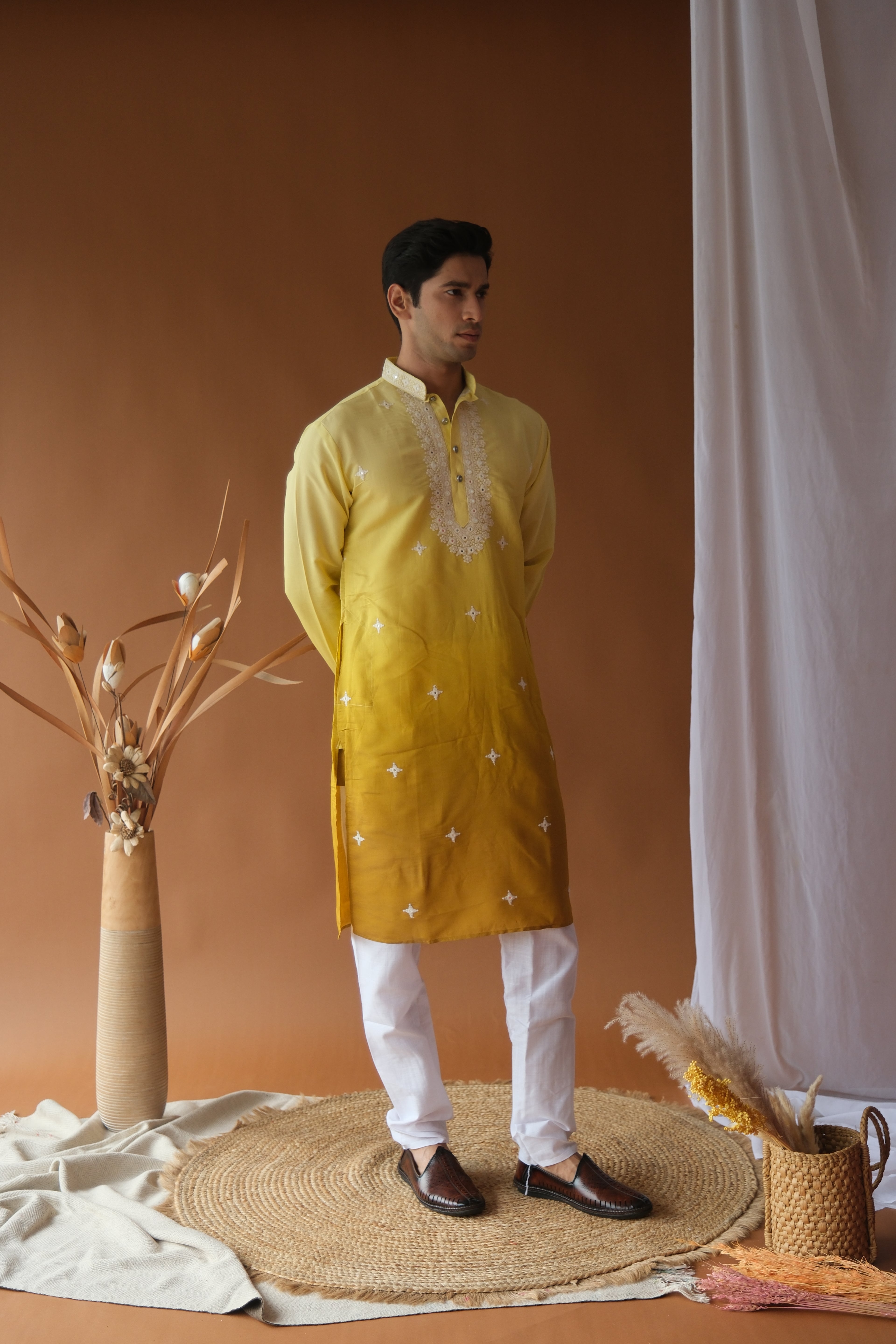 Yellow Mustard Blue Cotton Silk Embroidered Work Kurta for Men