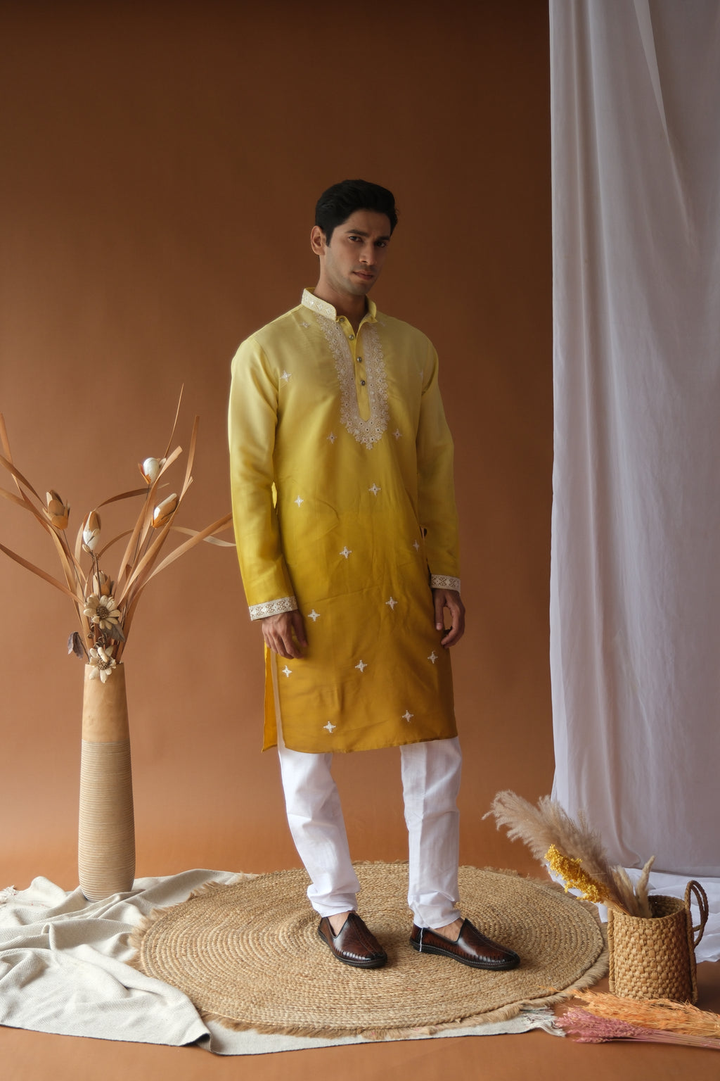 Yellow Mustard Blue Cotton Silk Embroidered Work Kurta for Men