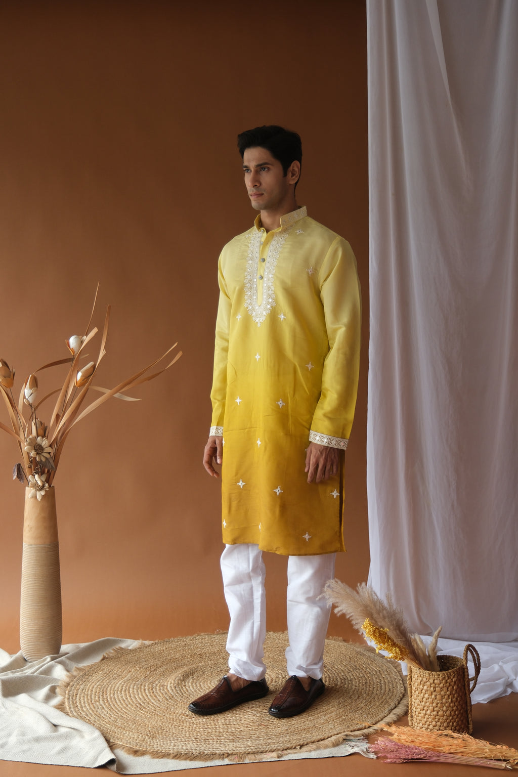 Yellow Mustard Blue Cotton Silk Embroidered Work Kurta for Men