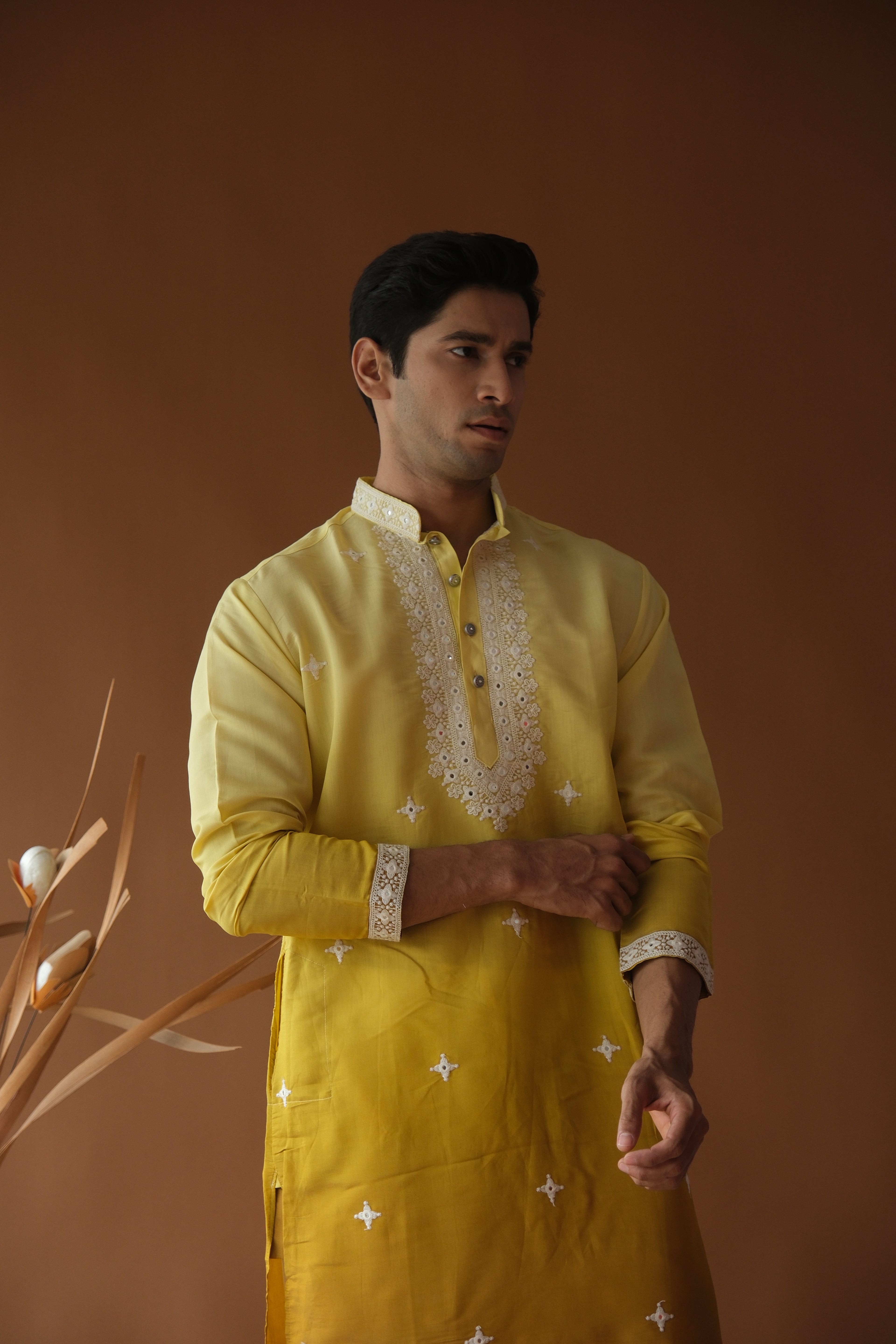Yellow Mustard Blue Cotton Silk Embroidered Work Kurta for Men