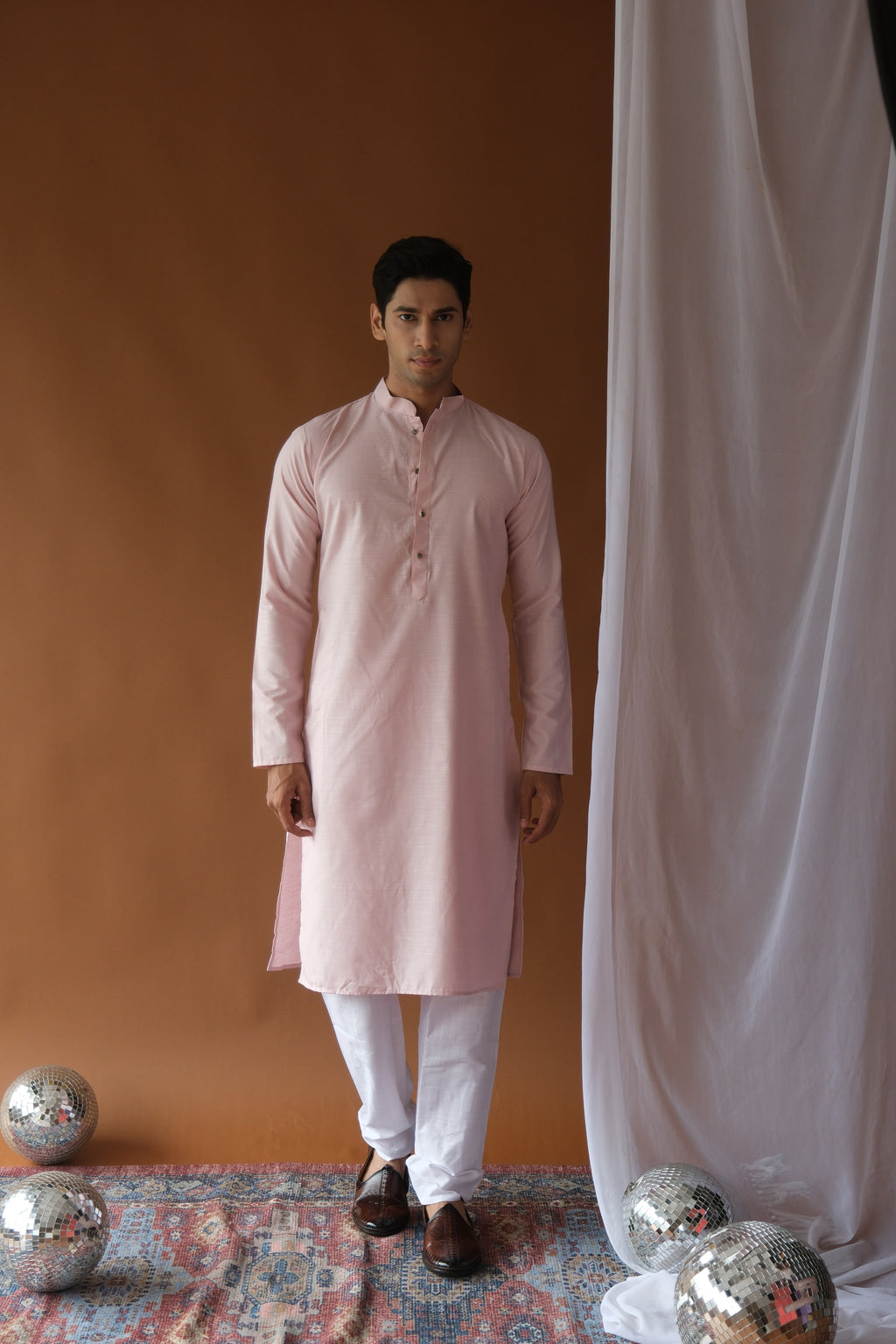 Men's Baby Pink Solid Festive Cotton Straight Kurta