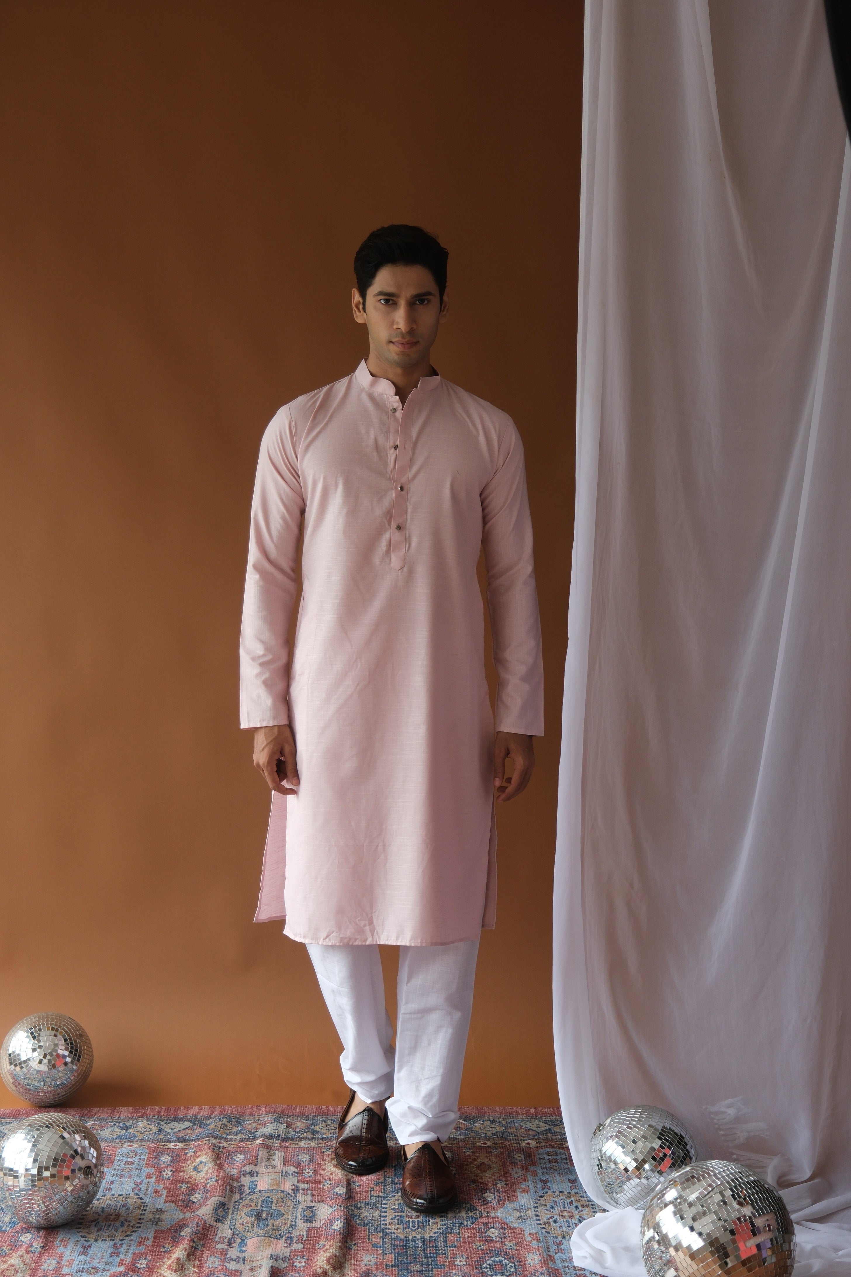 Men's Baby Pink Solid Festive Cotton Straight Kurta