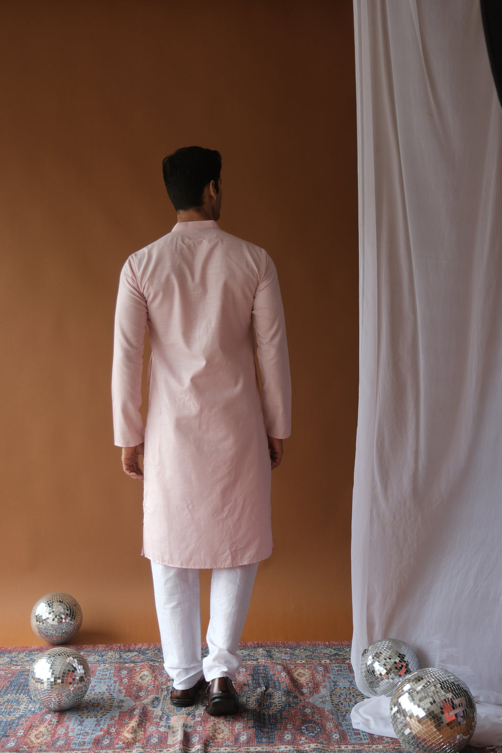 Men's Baby Pink Solid Festive Cotton Straight Kurta
