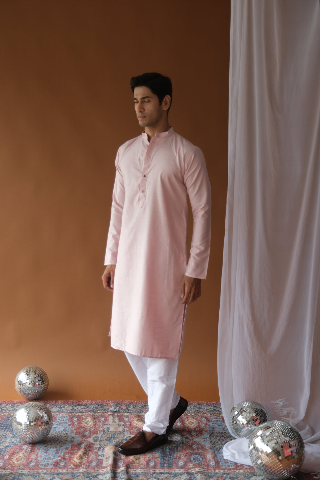 Men's Baby Pink Solid Festive Cotton Straight Kurta
