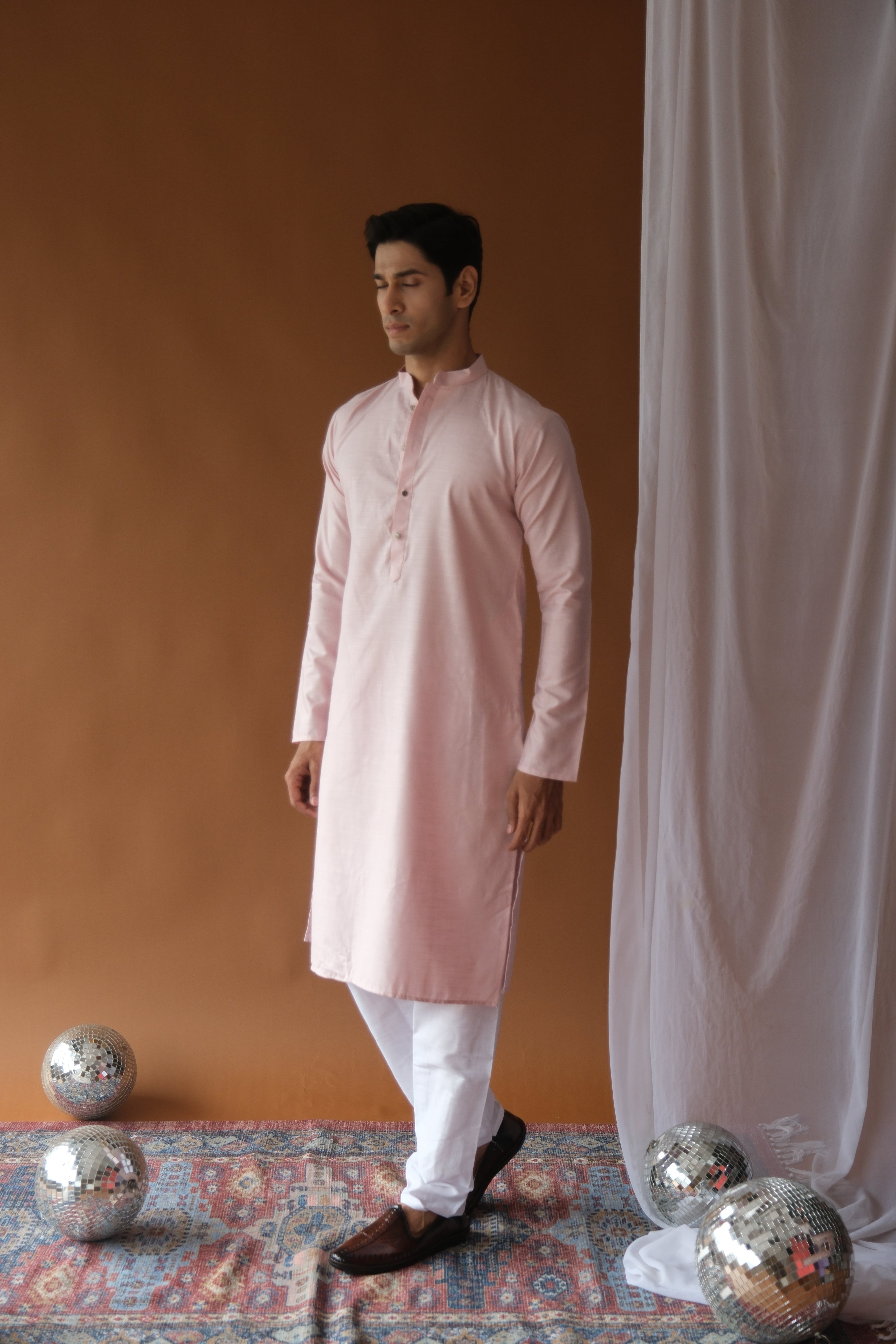 Men's Baby Pink Solid Festive Cotton Straight Kurta