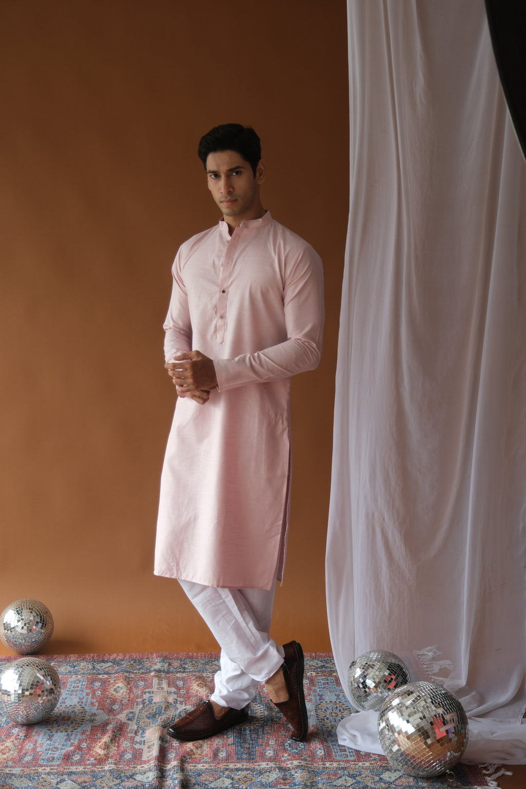 Men's Baby Pink Solid Festive Cotton Straight Kurta