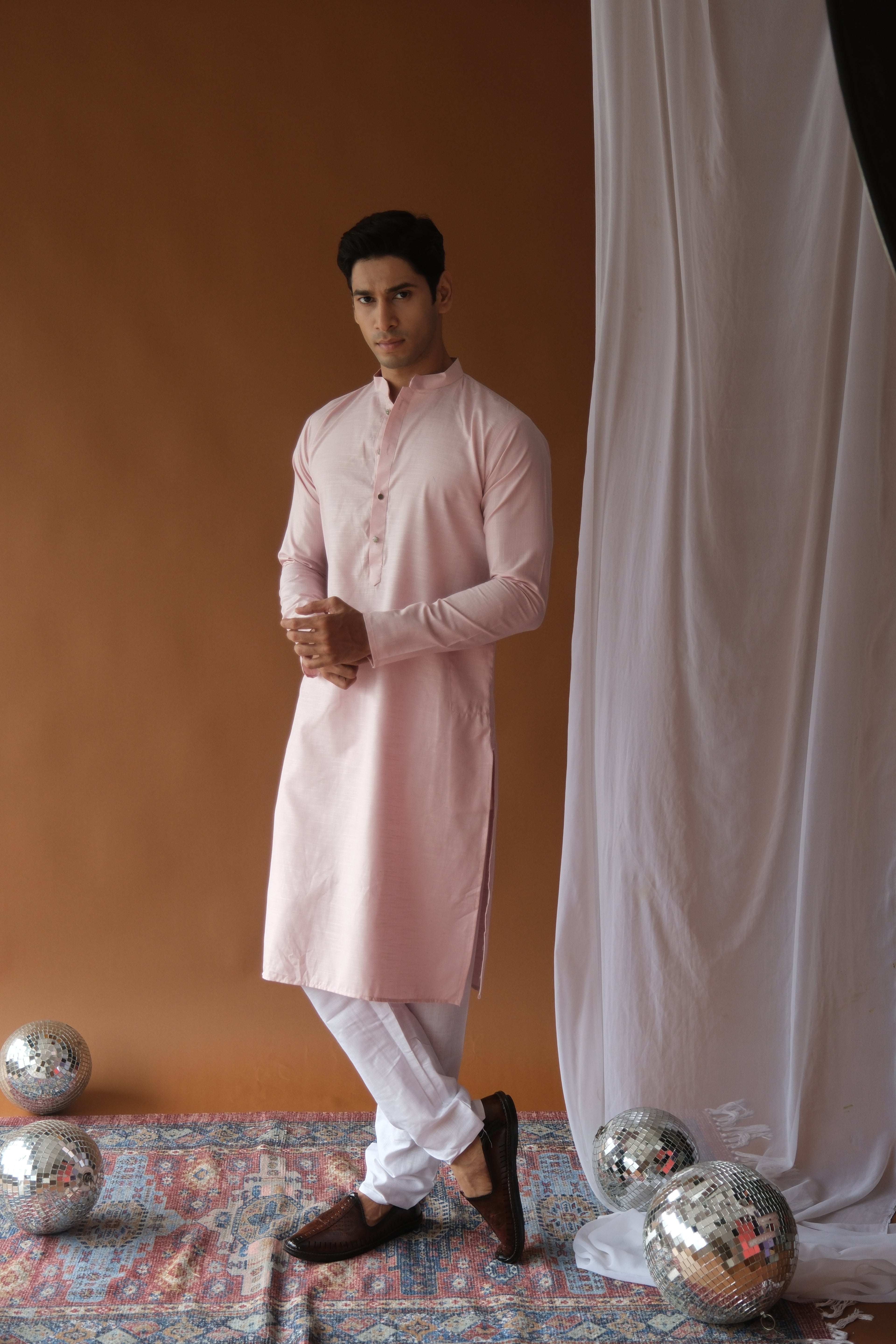 Men's Baby Pink Solid Festive Cotton Straight Kurta