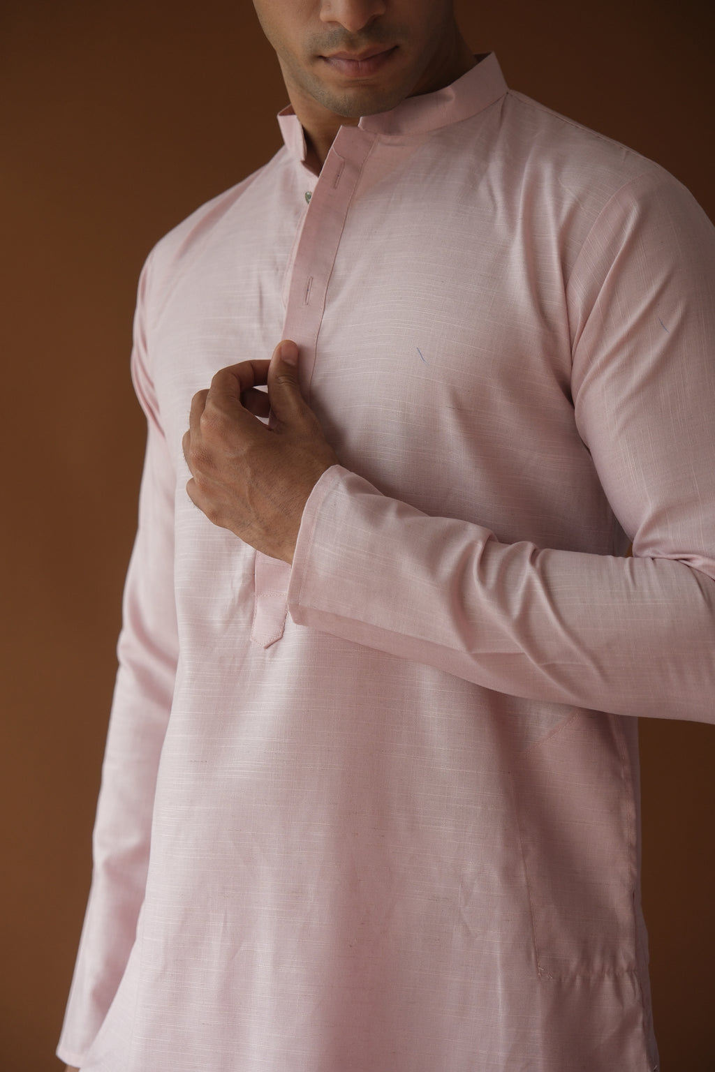 Men's Baby Pink Solid Festive Cotton Straight Kurta