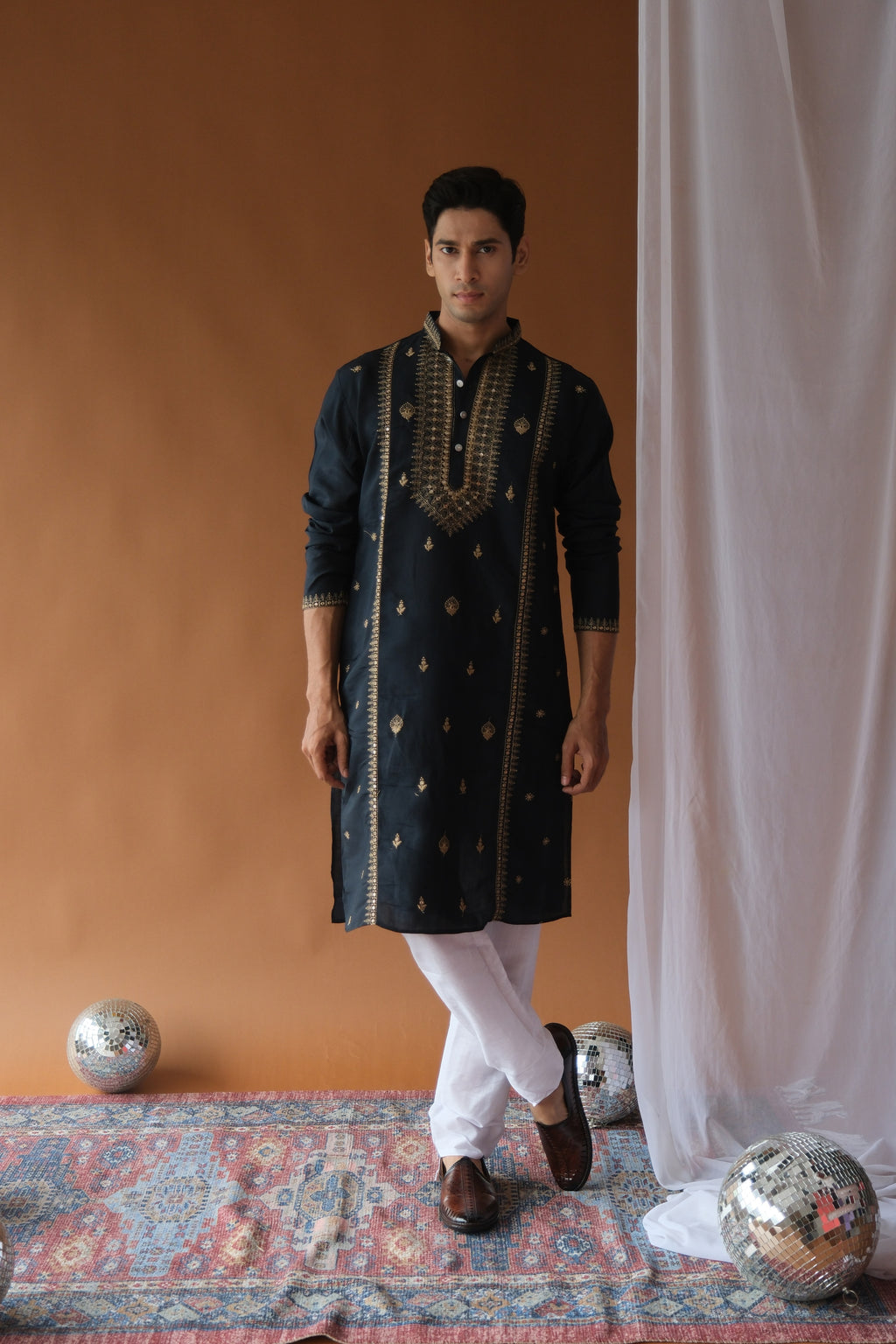 Sequin Navy Blue Neck-Work Embroidered Kurta for Men