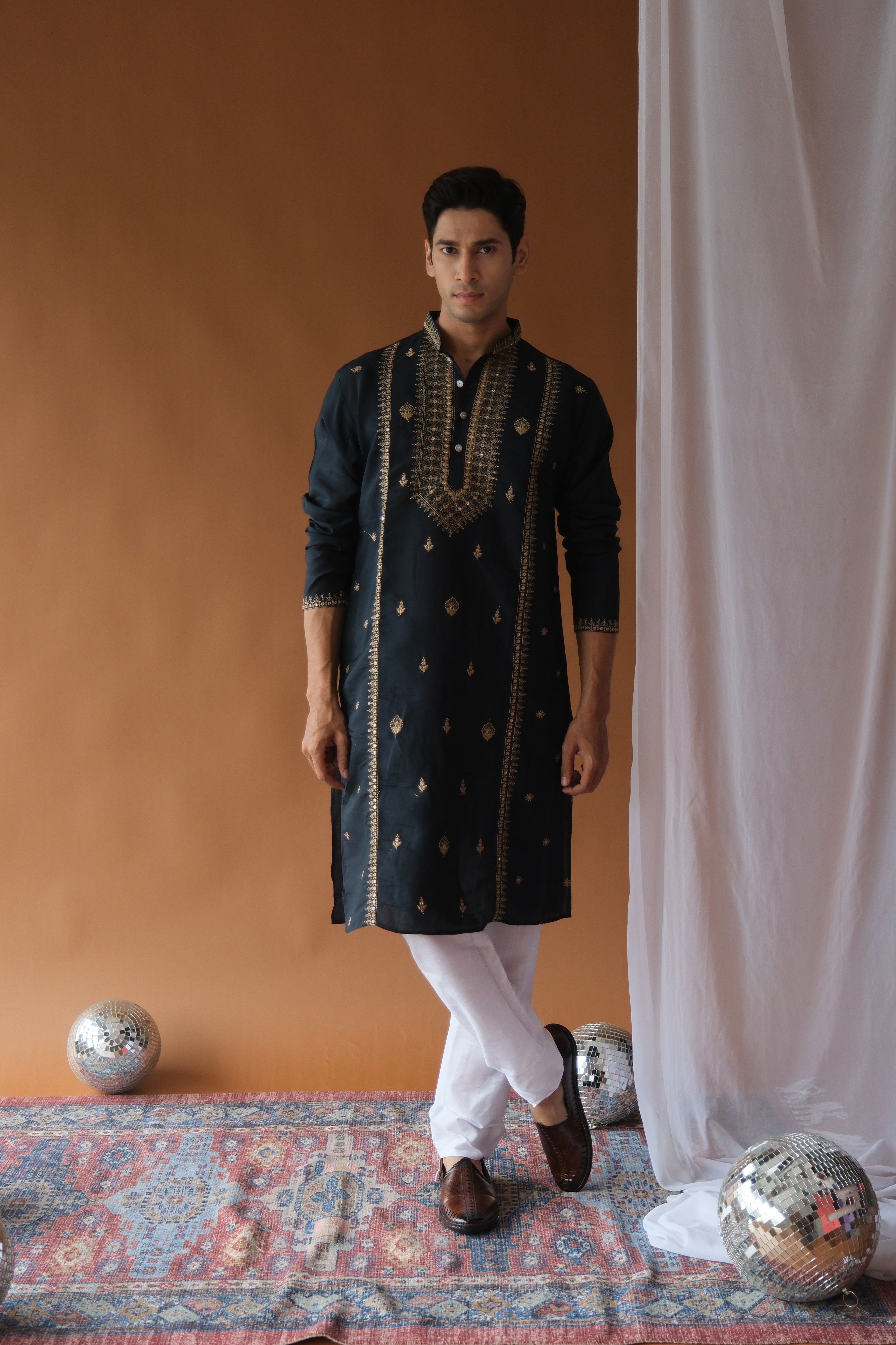 Sequin Navy Blue Neck-Work Embroidered Kurta for Men